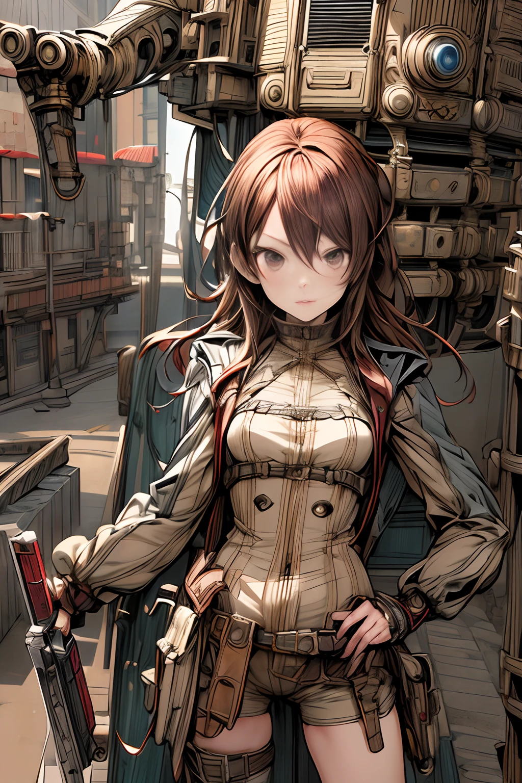 (comic book style),(linear art_Anime),(masutepiece, Best Quality, ),(Laura Bad Picture:1.2),(Lora Add Details:1.0),8K, Flat color:0.8,1girl in,steampunc、machinery background