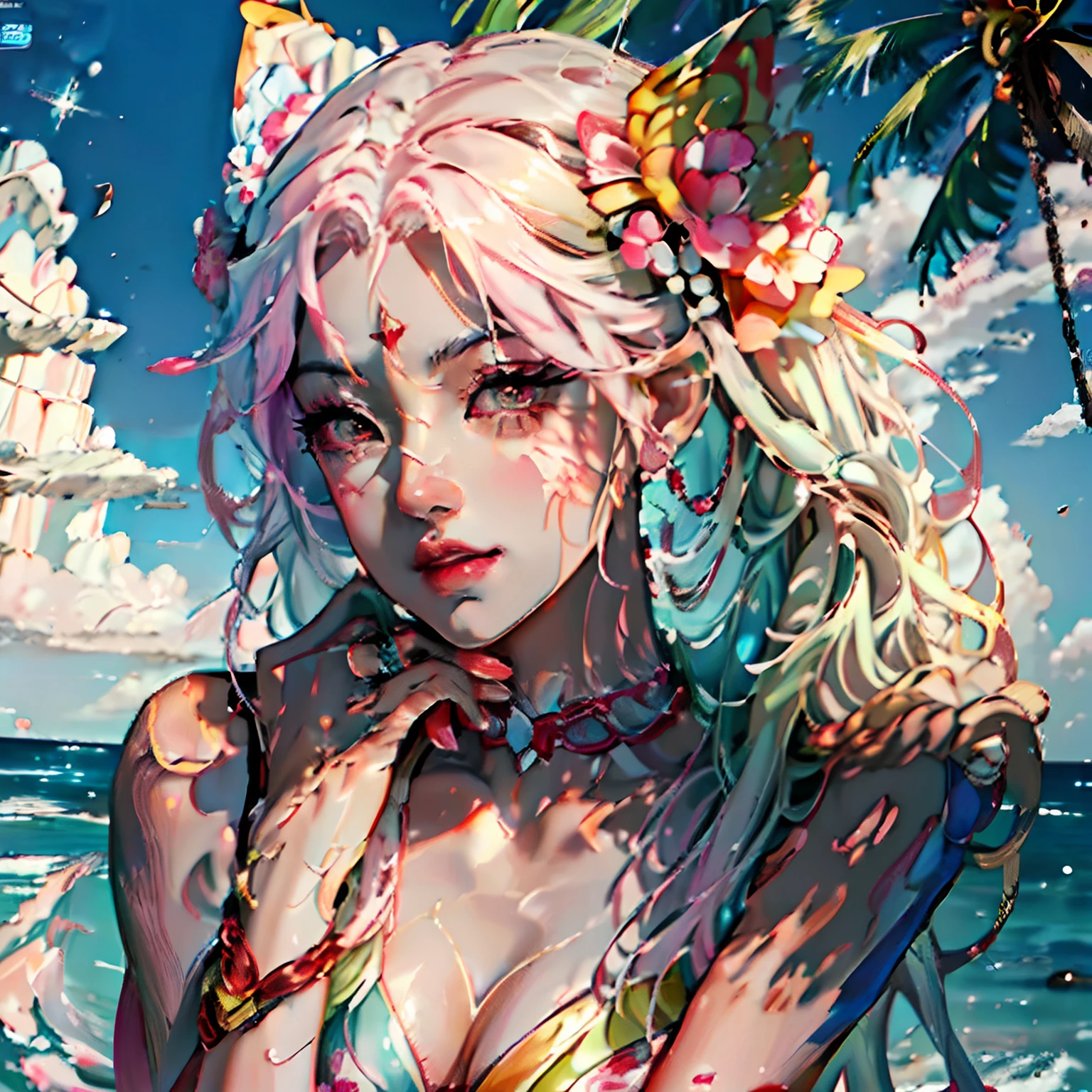 a woman in a bikini top standing on a beach next to the ocean, detailed digital anime art, rossdraws cartoon vibrant, rossdraws 2. 5, 🌺 cgsociety, extremely detailed artgerm, rossdraws sakimimichan, rossdraws portrait, beautiful anime catgirl, rossdraws pastel vibrant, stunning anime face portrait, anime styled digital art