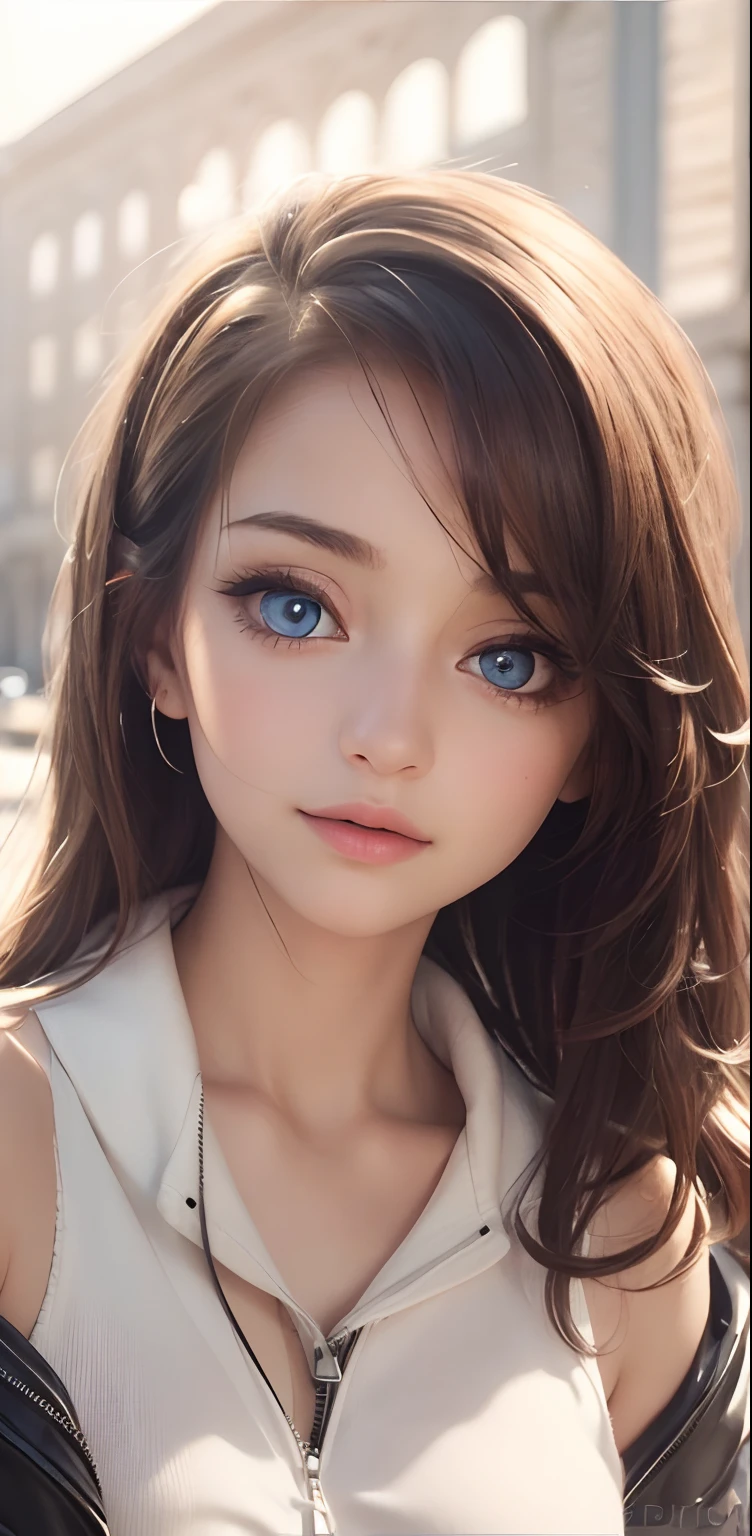 (Masterpiece, best quality, photorealistic, highres, photography, :1.3), very close-up shot, sharp focus, 1 brunette girl, European girl, hot model, highly detailed eyes and pupils, realistic skin, slim body shape, cleavage, extremely detailed hair, delicate sexy face, sensual gaze, shiny lips, ((wearing zip tank tops sweatshirt)), outdoor, ((realistic, super realistic, realism, realistic detail)) beautiful eyes, change her eyes make it small and beautiful