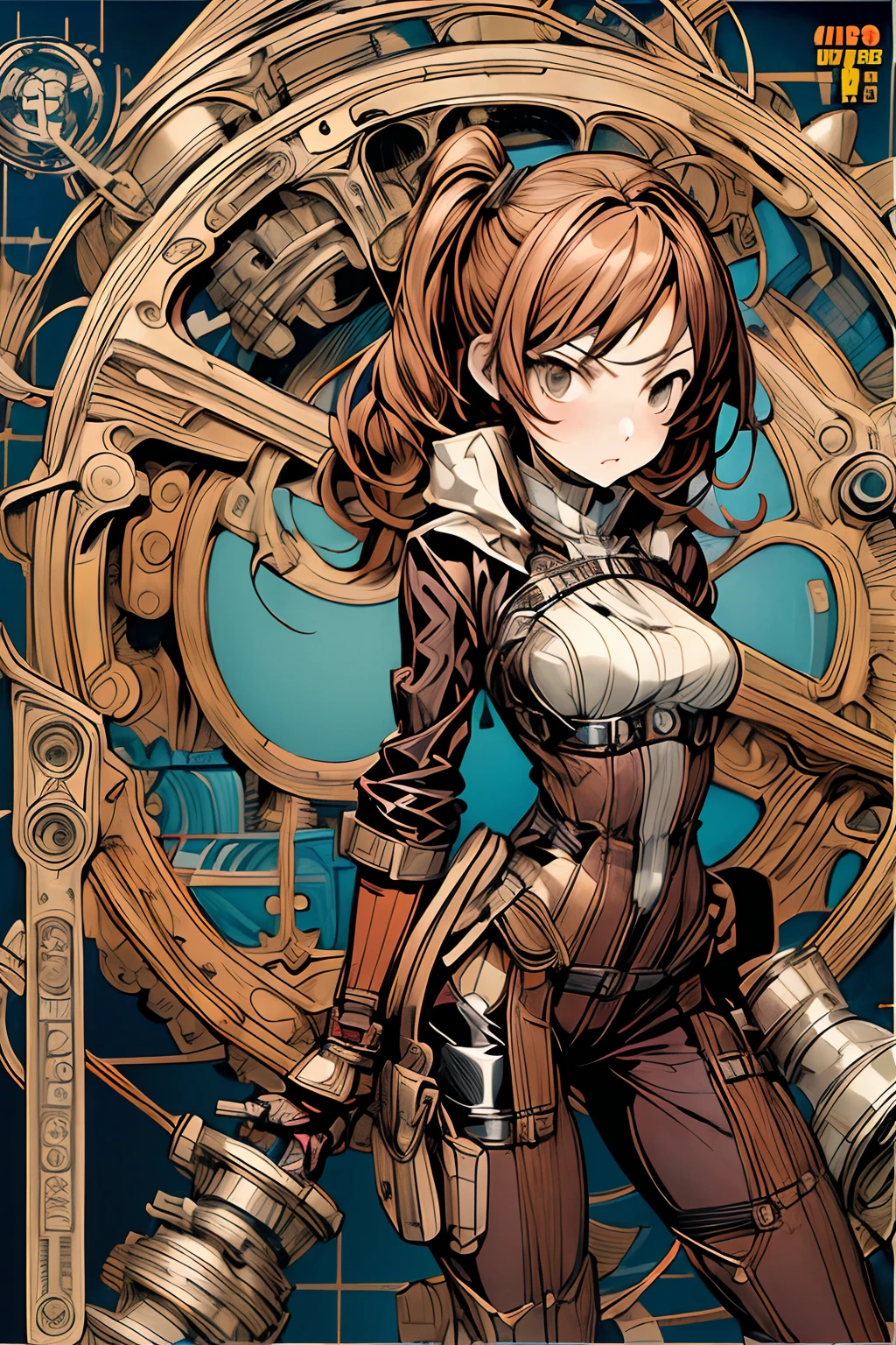 (comic book style),(linear art_Anime),(masutepiece, Best Quality, ),(Laura Bad Picture:1.2),(Lora Add Details:1.0),8K, Flat color:0.8,1girl in,steampunc、machinery background