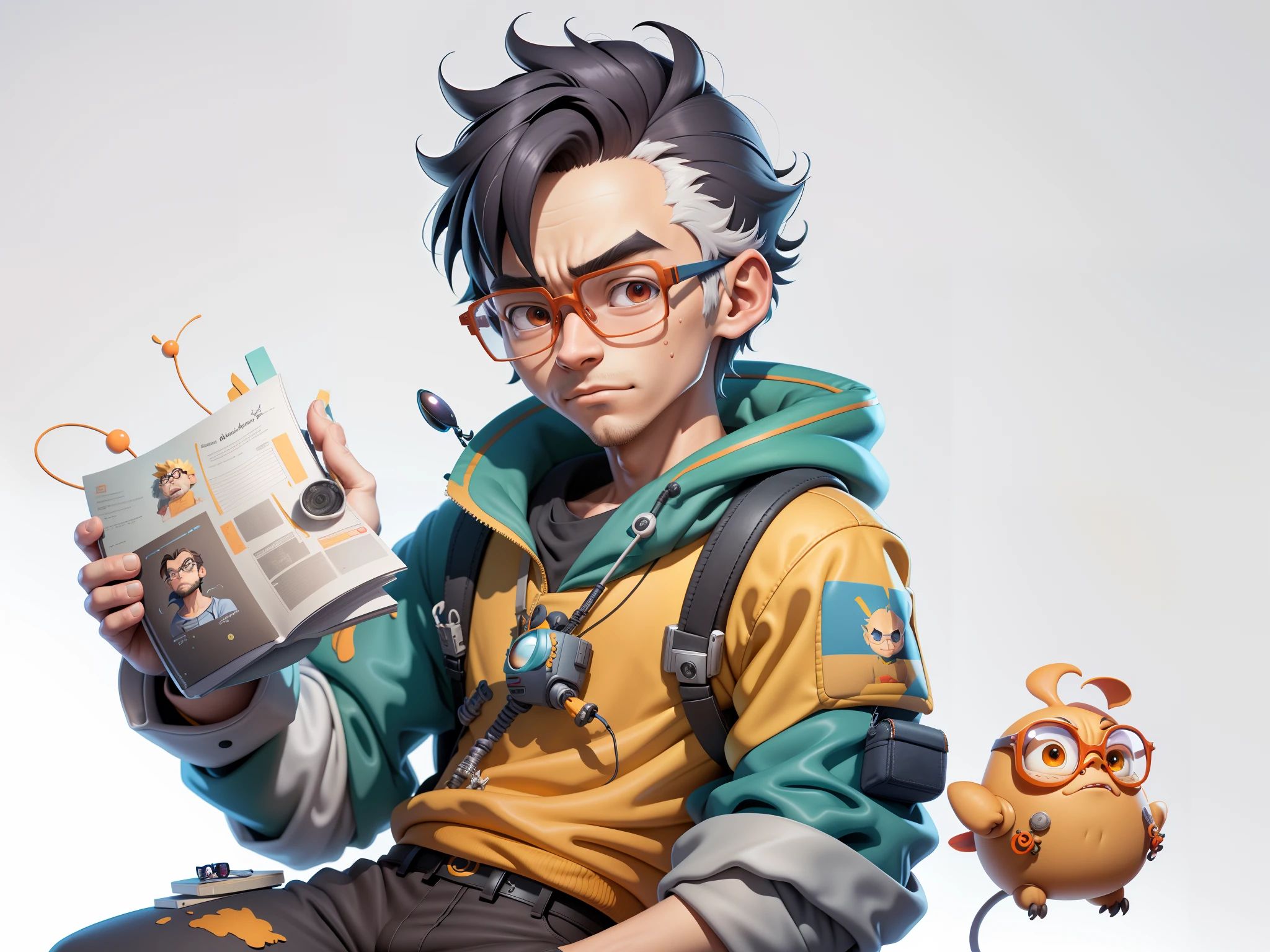 A young man with glasses sits at his desk,holding laptop,digitial painting,3D character design by Mark Clairen and Pixar and Hayao Miyazaki and Akira Toriyama,4K HD illustration,Very detailed facial features and cartoon-style visuals。