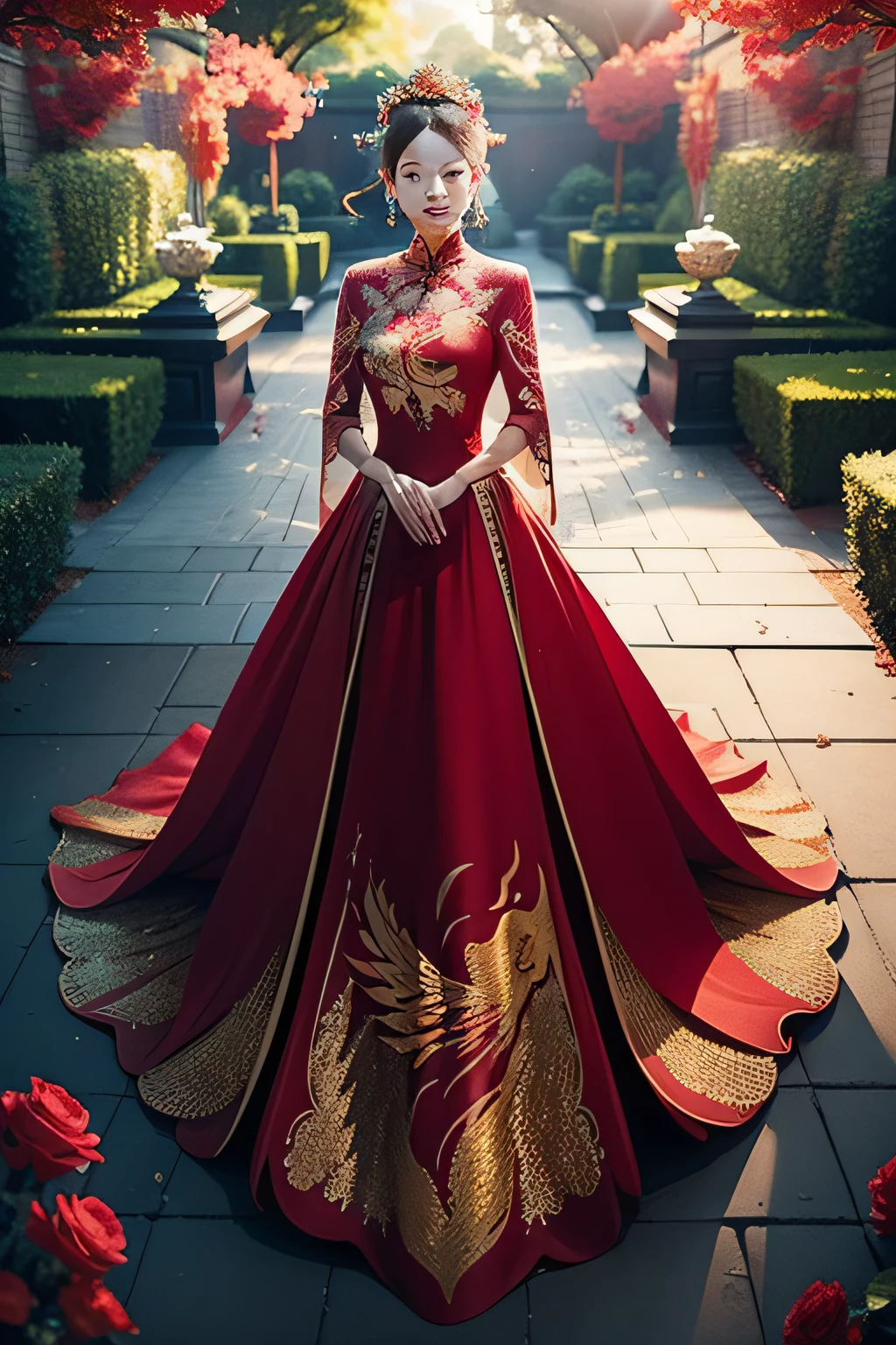 frontage,Beautiful clean face,A woman in a red and gold dress in a secret garden,With a phoenix crown,Walk the rose-paved path in the sun