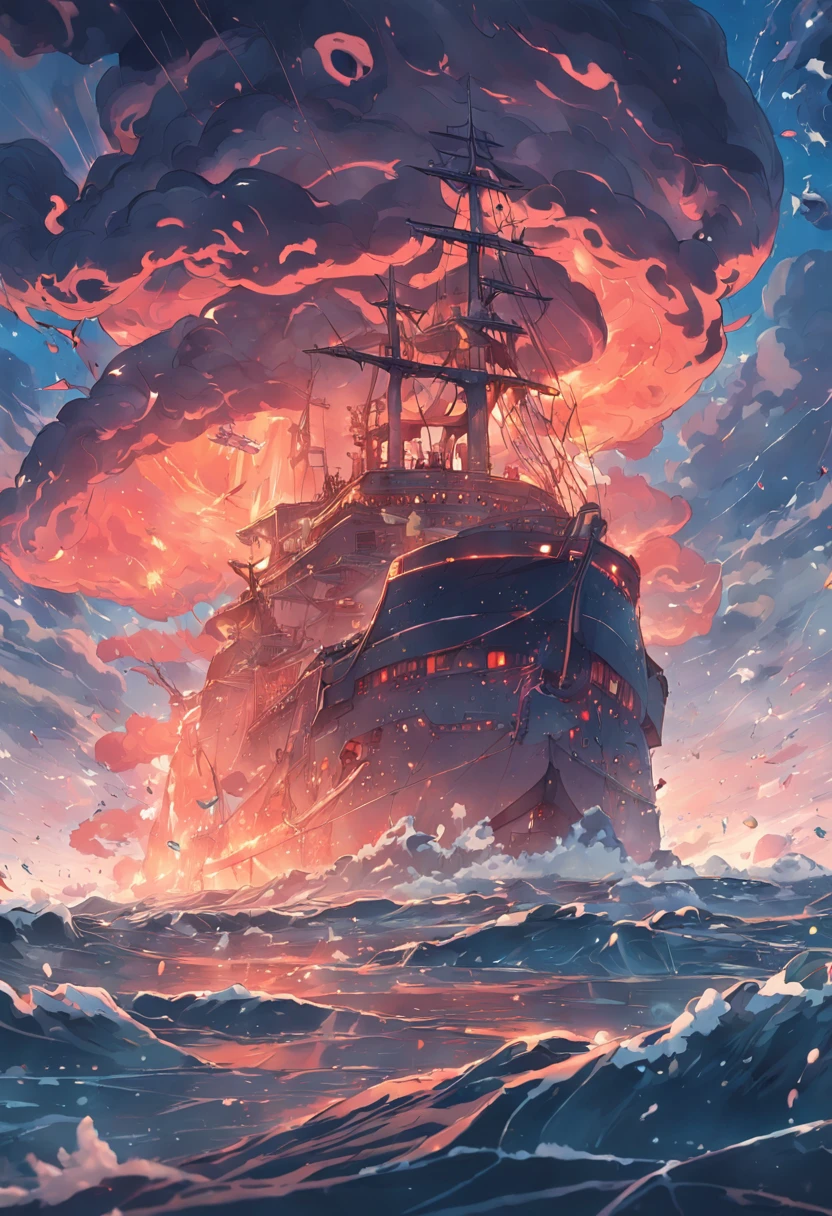 Mutated sea creatures attack ships on the surface of the sea,dark stormy clouds,storming