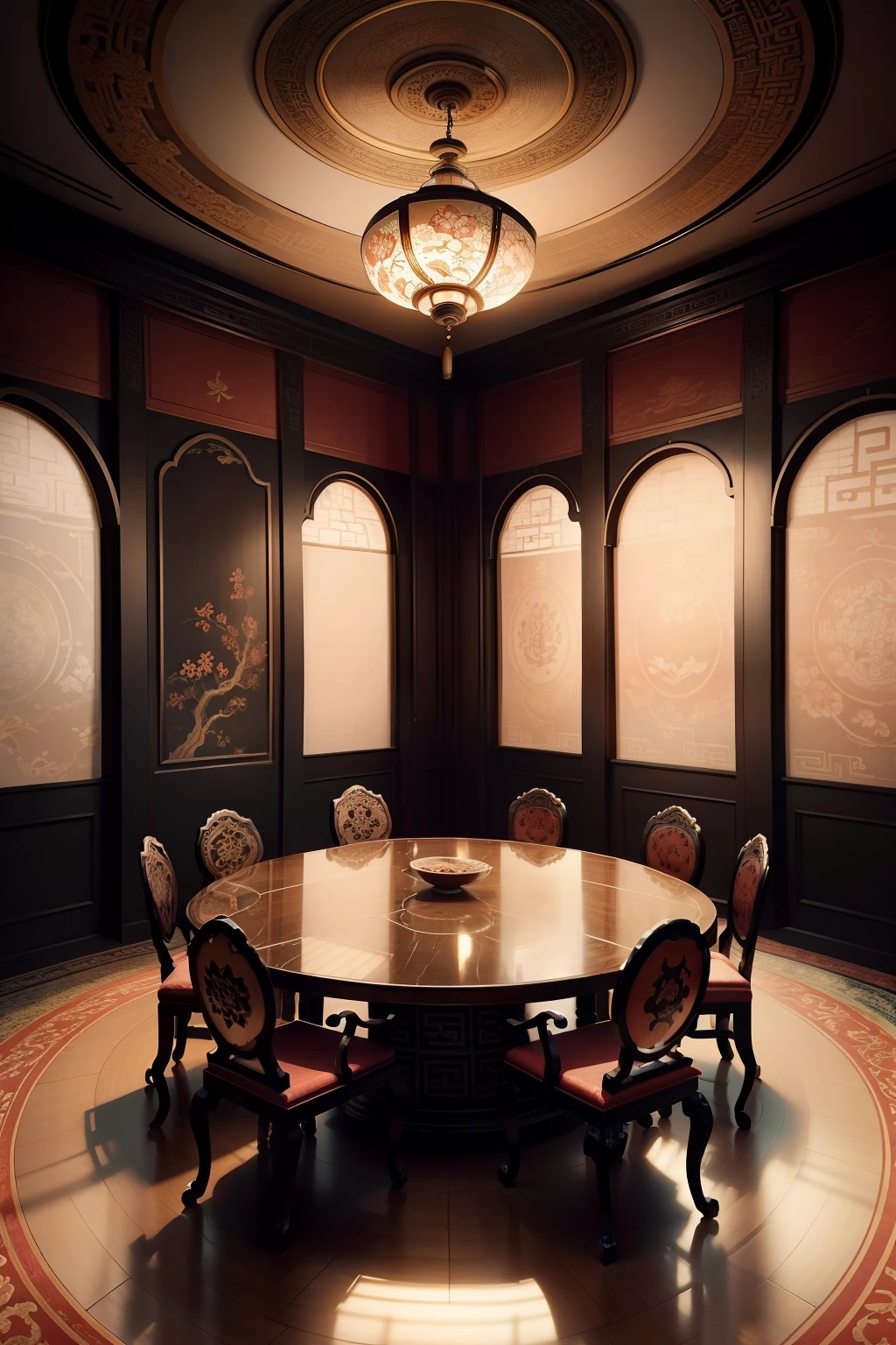 There is a room with a round table and a ceiling with a skylight, with ancient chinese aesthetic, Chinese style, asian interior decoration, chinoiserie wallpaper, beautiful aesthetic design, exquisitely ornate, chinoiserie pattern, elegant and ornate, oriental art nouveau, neo - classical style, elegant and extremely ornamental, ornate and elegant, ornate and flowing, wonderful masterpiece