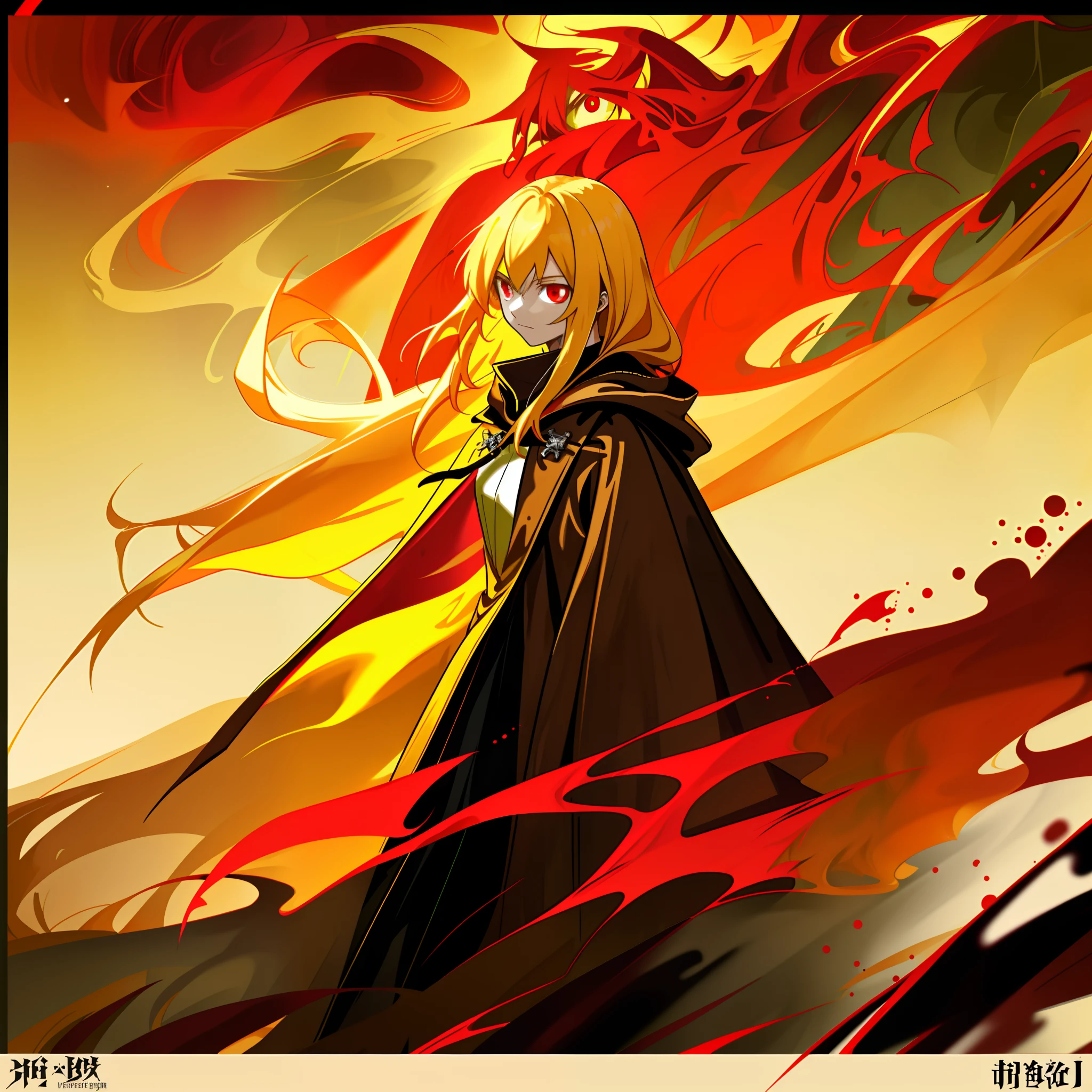 Light yellow hair,Long-haired girl,Loose hair,High school female,red color eyes,Tattered cloak,nigth,Background lightning,4K,Dingdall effect,Poster style,Light intensification
