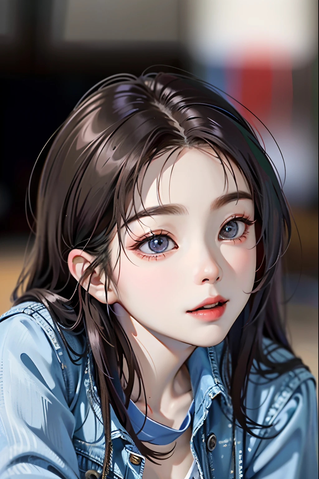 Close-up of a woman in a denim jacket, young cute wan asian face, xintong chen, with cute doting eyes, Young and cute face, girl cute-fine face, with cute - fine - face, cute beautiful, young lovely Korean faces, portrait cute-fine-face, wan adorable korean face, beautiful lovely, Yun Ling, Li Zixin