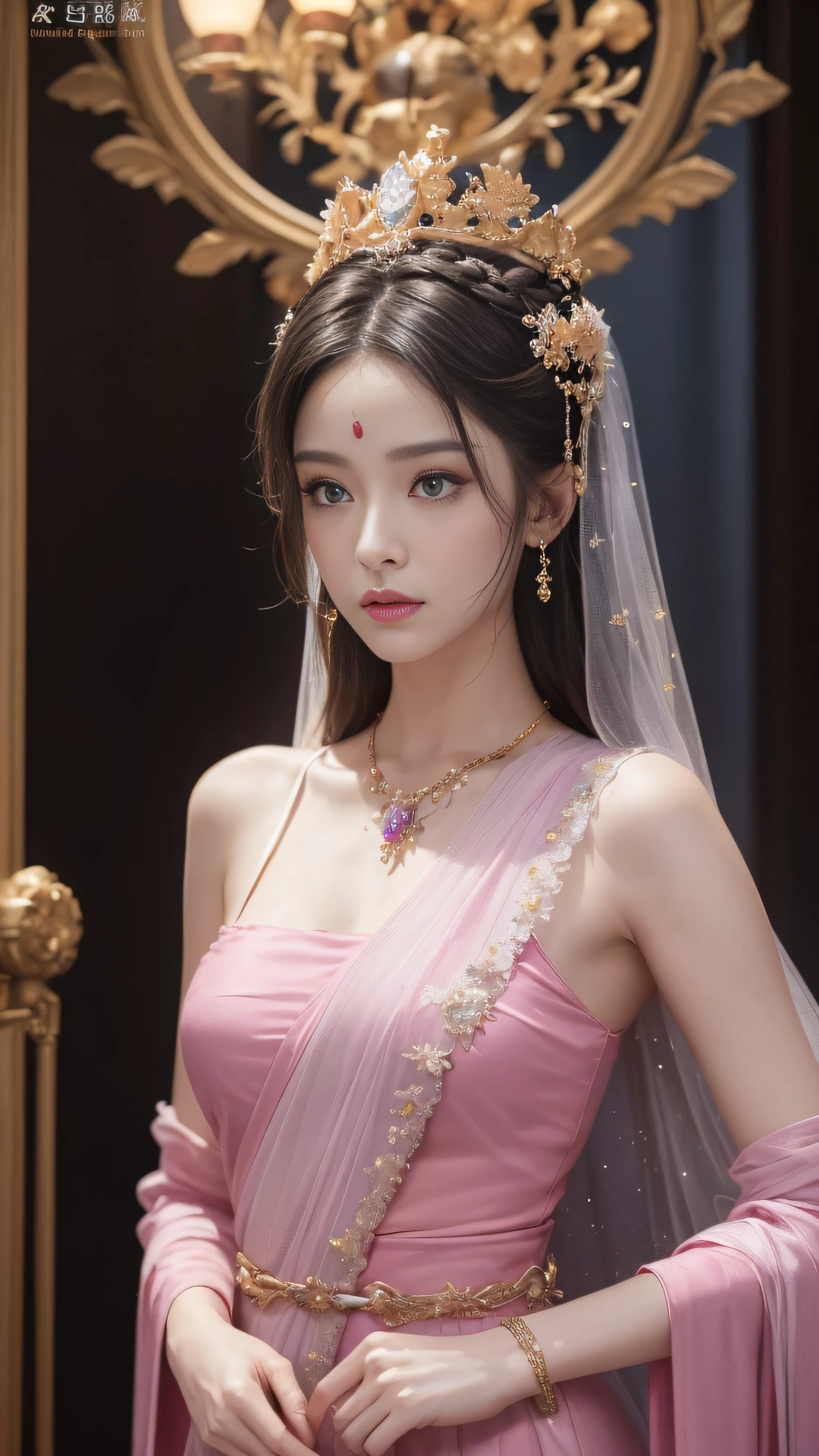 1 20 year old girl, 1 Goddess Athena, Pink Purple Silk Dress, The face of the beautiful goddess Athena without blemish, Delicate yellow nightgown, Long thin sequin nightgown with many ???? black lace details, 1 beautiful thin red silk cloth half veil, The Legend of the Female Saint, Female Saint Icons, Beautiful goddess style glitter, dark and mysterious version, Crown of the goddess of small proportions, Vermilion lips, Delicate and beautiful Pinot details, Delicate and beautiful lip details, , (Pure and perfect face: 1.9), Female Eucharist, Round ?????, Big and round ???????, Phoenix Brooch, long spur bangs, (7 colors of rainbow hair: 1.9), Tattoo of a flower sticker on the forehead, Beautiful clear face and well-proportioned eyes, (transparent yellow eyes: 1.8), (Big round eyes and makeup, Very beautiful and meticulous hair and makeup, long, delicate blond hair, Delicate, Body image: 1.8), Figure: And vivid, (The stars that make up the sky: 1.7), (Sky Sky and Imaginary Gates of Time and Space: 1.8), Fictional art, RAW Photos, hanfu photos, best pictures, High resolution, Best Quality, best pictures, Best Goddess Quality, 8K women, Super 8 Single Saints Portrait, truest color schemes, Masterpieces, Best Beauty Brands, Best Hair Jewelry, Real photos of the brand, Dark Studio, border light, Two-tone lighting, (Rose White Skin: 1.4), (high skin detail: 1.1), 8K UHD, D SLR, Soft light, 8K, High quality, Candid, Volume Smooth and sharp, 10x pixel increase, ???? Goddess, ???? Goddess, (background space: 1.8), (The most beautiful aurora eyes: 1.7), Beautiful eyes, Aurora Borealis blooms beautifully, (Beautiful single girl: 1.8), (More details:0.8),