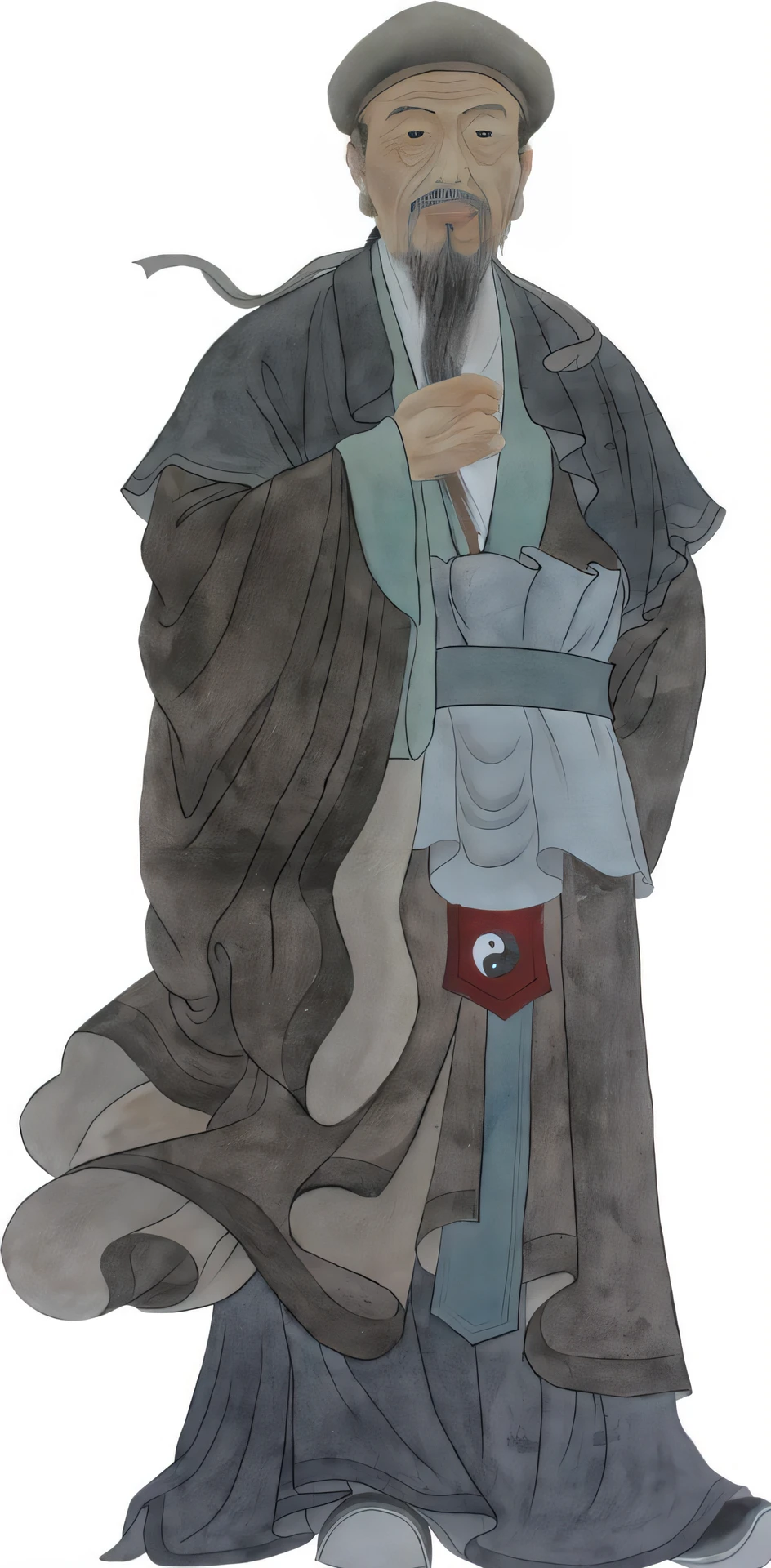 A close-up of a painting of a man in a hat and robes, inspired by Tōshūsai Sharaku, inspired by Yun-Fei Ji, inspired by Tawaraya Sōtatsu, inspired by Wu Daozi, inspired by Shunkōsai Hokushū, inspired by Kikuchi Yōsai