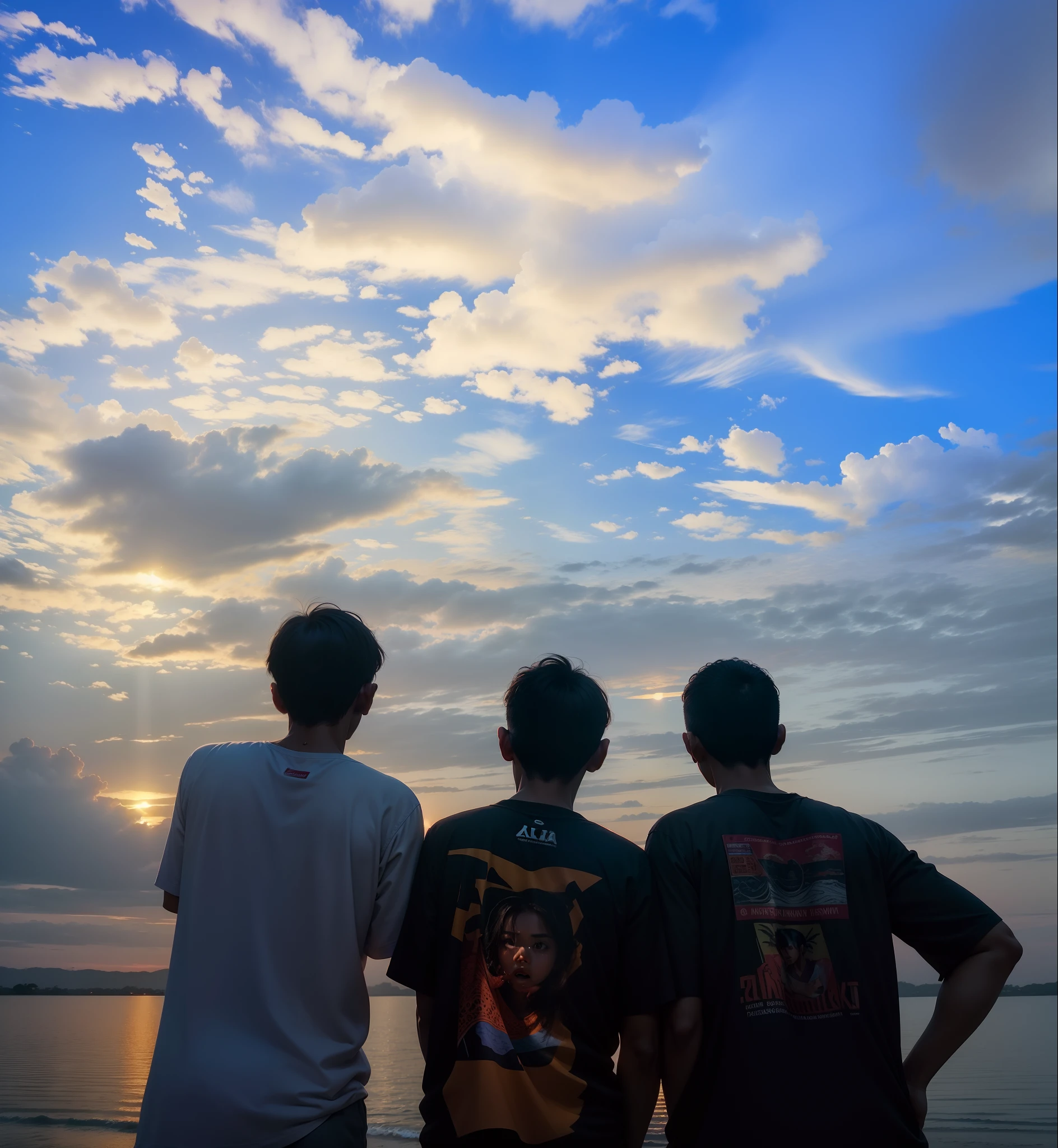Tiga laki-laki melihat pemandangan sunset