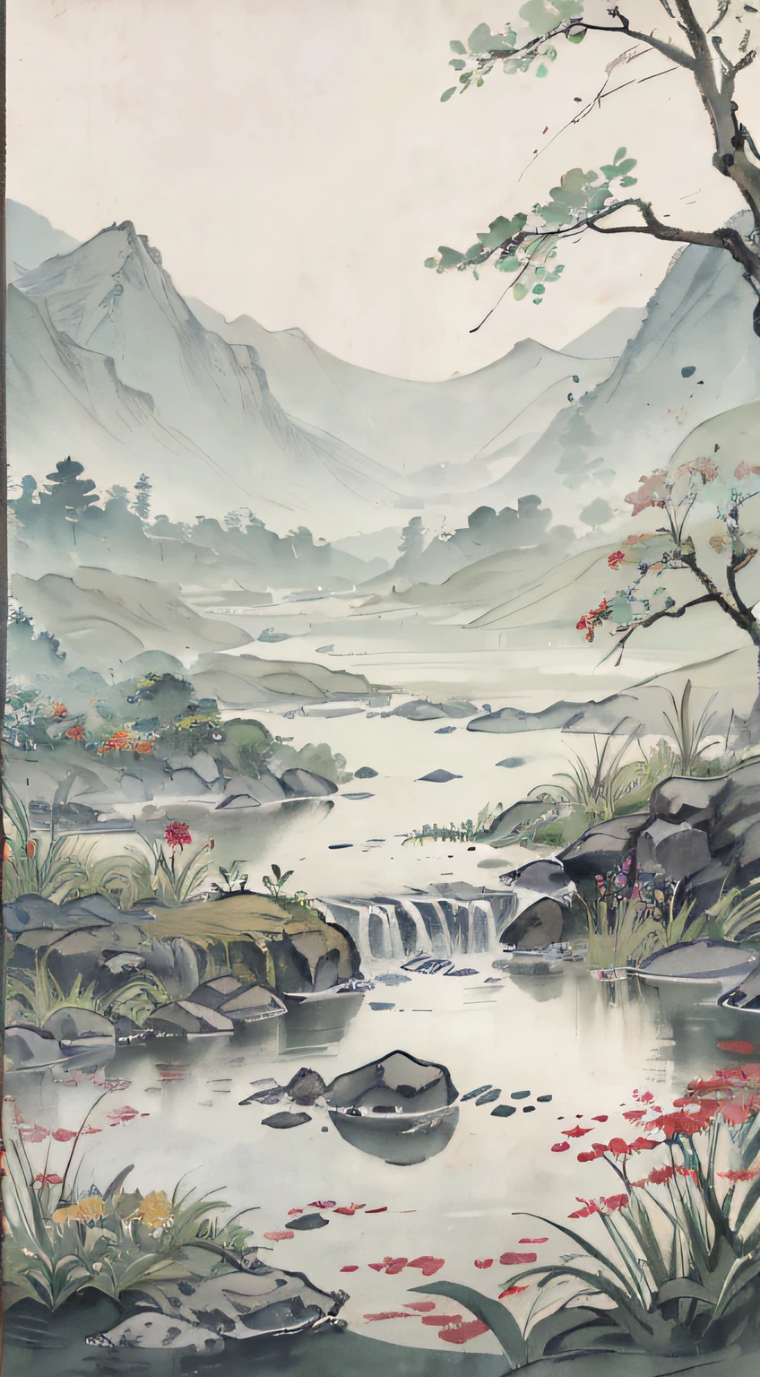 Koi in the pond,Green grass on the shore,Lots of flowers,A plant, Chinese watercolor style, k hd,Traditional Chinese watercolor,Traditional Chinese painting,China ink painting,inspired by Kim Hong-do, Traditional Chinese painting, japan watercolour, inspired by Huang Binhong, Watercolor landscape
