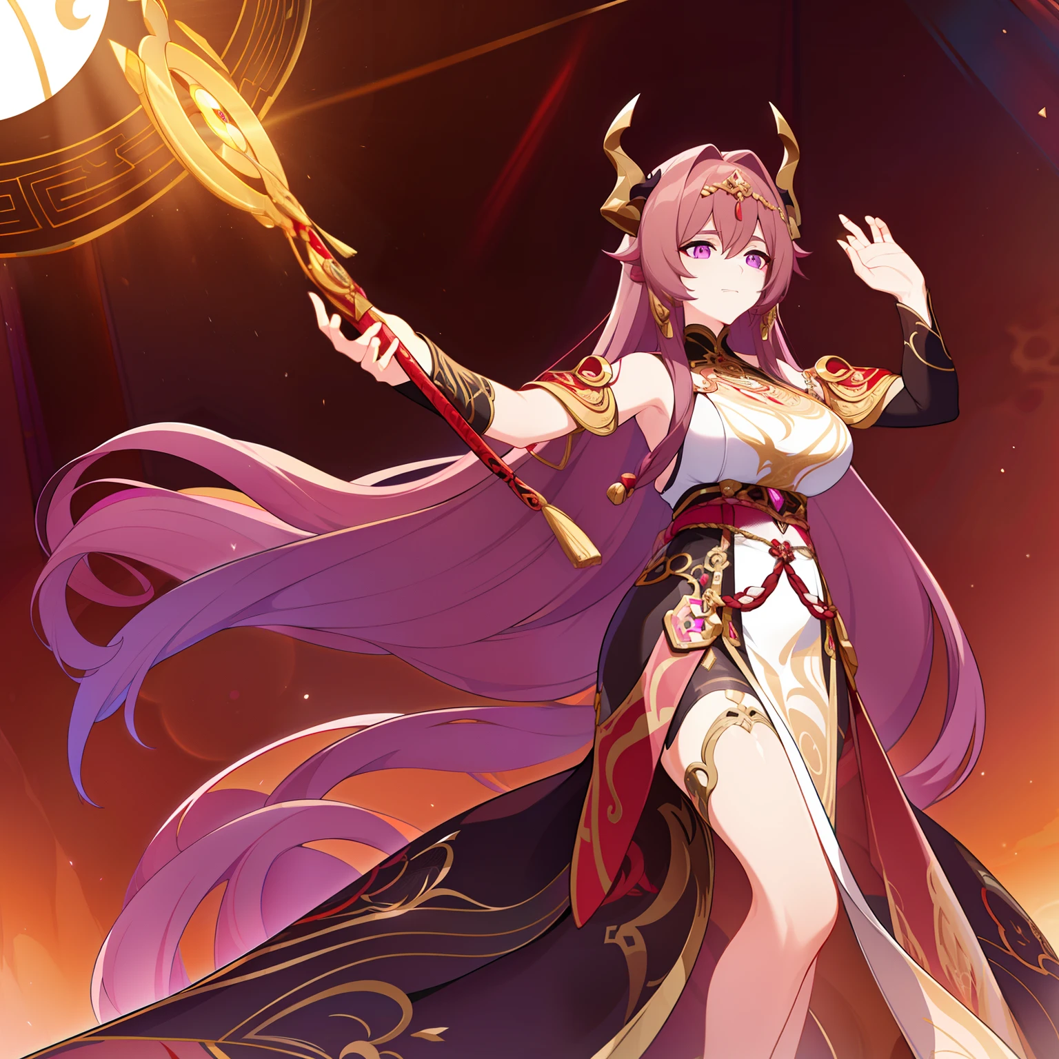 Woman, messy light brown long hair with a purple tint, dragon horns and tail, white and black Chinese dress with tight-fitting elements on her arms and legs, gold divine light, God's gaze, a sun circle, indifferent and cold gaze, light lipstick, light eyes