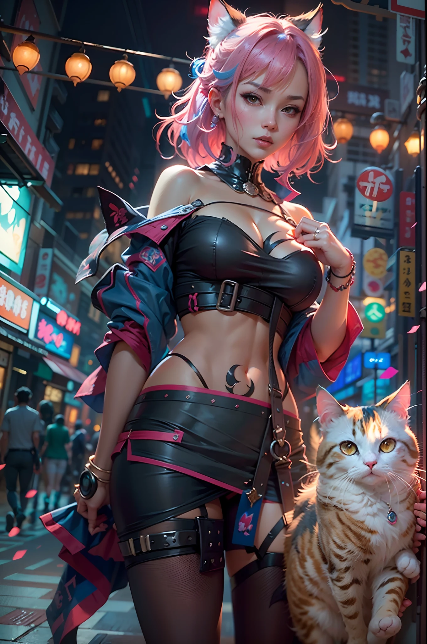 anime - style image of two women with pink and blue hair smal booty dressed in red and blue corset, pose in Akihabara at night for a foto shooting, wlop and sakimichan, attractive cat girl, artwork in the style of guweiz, fantasy art style, 2. 5 d cgi anime fantasy artwork, fanart best artstation, by Yang J, trending on cgstation, wlop and ross tran, guweiz