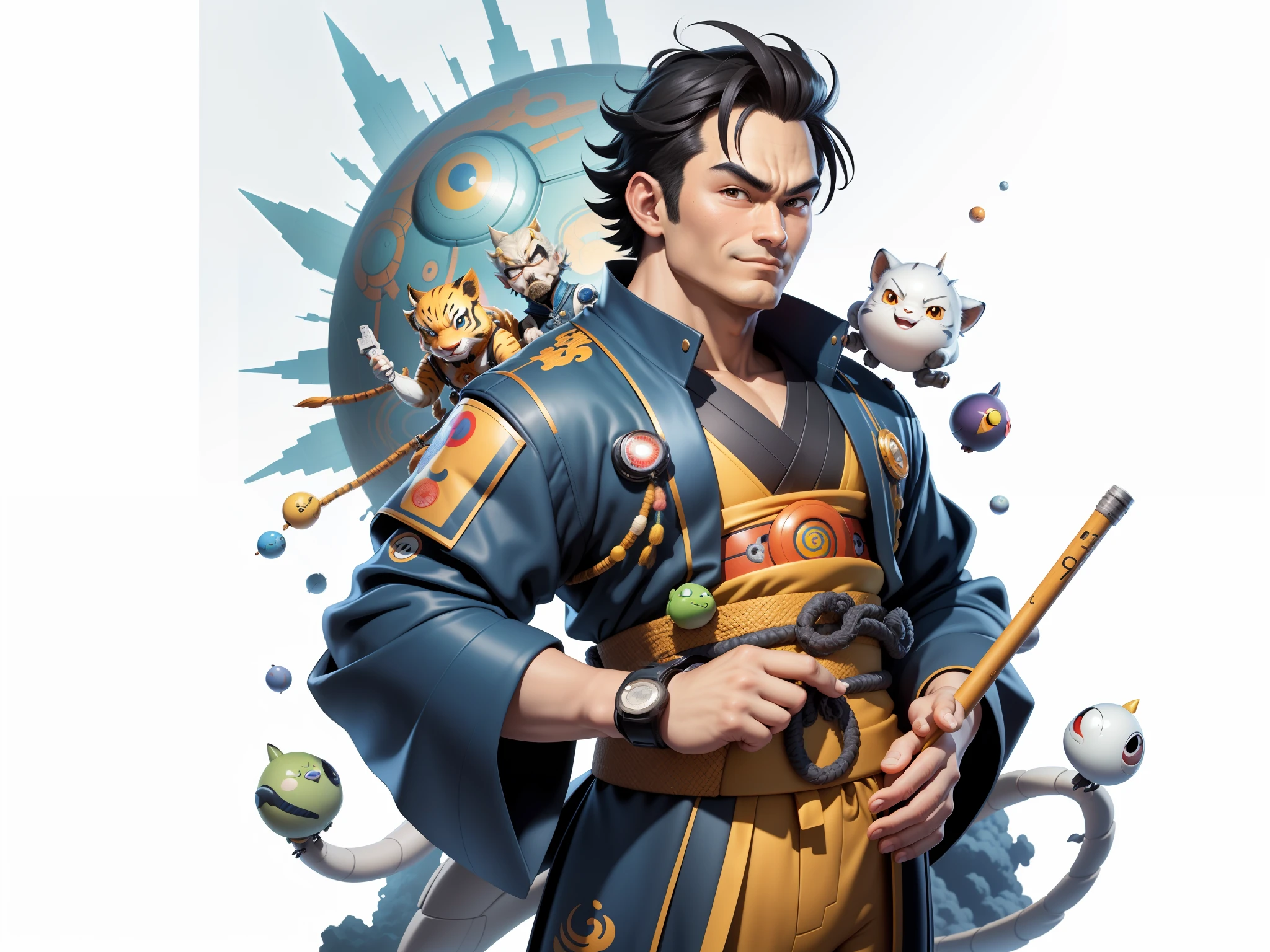 (Masterpiece), (Excellent), (Super Meticulous), (Full Body: 1.2), Super Young Man, Oriental Face, Japanese Kimono, Japanese Wind Thunder God, Dragon, Tiger, TV Anchor, Bust Portrait Illustration, Alone, Black Suit, Blue Tie, Slightly Chubby Face, Very Clean Face, No Beard, Black Super Short Hair, Black Eyes, Confident Smile, 3c Computer Sub-Products, iPad, iPhone, Digital Painting, 3D Character Design by Akira Toriyama and Mark Claireden and Pixar and Hayao Miyazaki, The illustration is a high-definition illustration in 4K resolution with very detailed facial features and cartoon-style visuals.