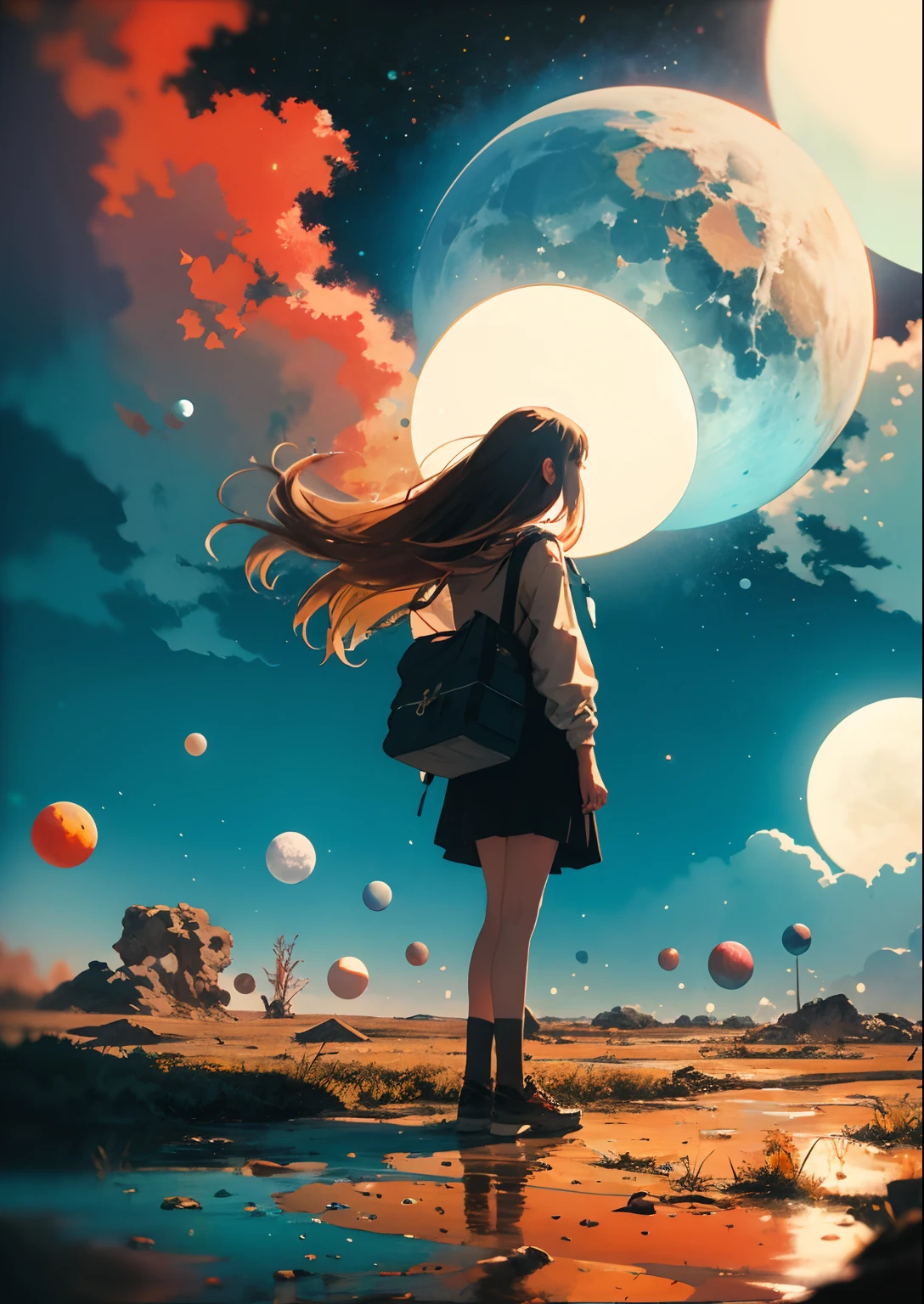 absurdres, highres, ultra detailed, (1girl:1.3), BREAK lomography, analog photography, vibrant colors, soft focus, light leaks, dreamy atmosphere, experimental charm, nostalgic appeal BREAK color field painting, large swaths of color, abstract expressionism, bold hues, emotional impact, atmospheric depth, minimalist approach BREAK , space exploration, celestial bodies, astronomical phenomena, scientific discoveries, otherworldly wonders