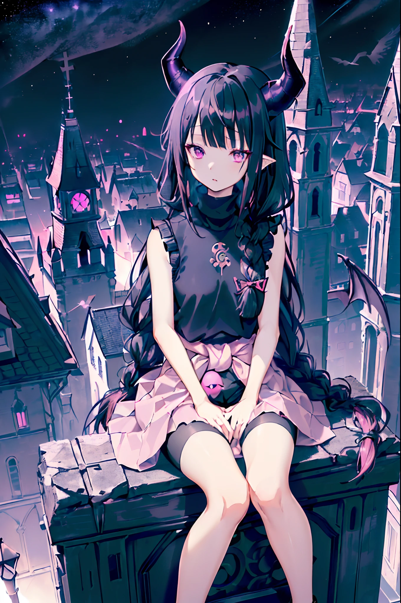 ((masutepiece, Best Quality, 4K, Gerbourg, pixiv, Best Quality, Ultra-detailed)), Warm lighting, 1 woman, young adult, Beautiful young々Shishi Woman, ((Black hair, Long hair, Hairy bangs, One braid)), ((Demon Horns)), ((Purple eyes, Sharp eyes)), Small chest, Starry sky, scowl, detailed city background, ((very long pink skirt, Black leggings that reach to the waist with a torn hole)), ((Cute fluffy, Very puffy and、Tucked away in a sleeveless black sweater)), ((Sitting on top of a church tower, Night city in the background, Bird's-eye view)), Very modern futuristic setting