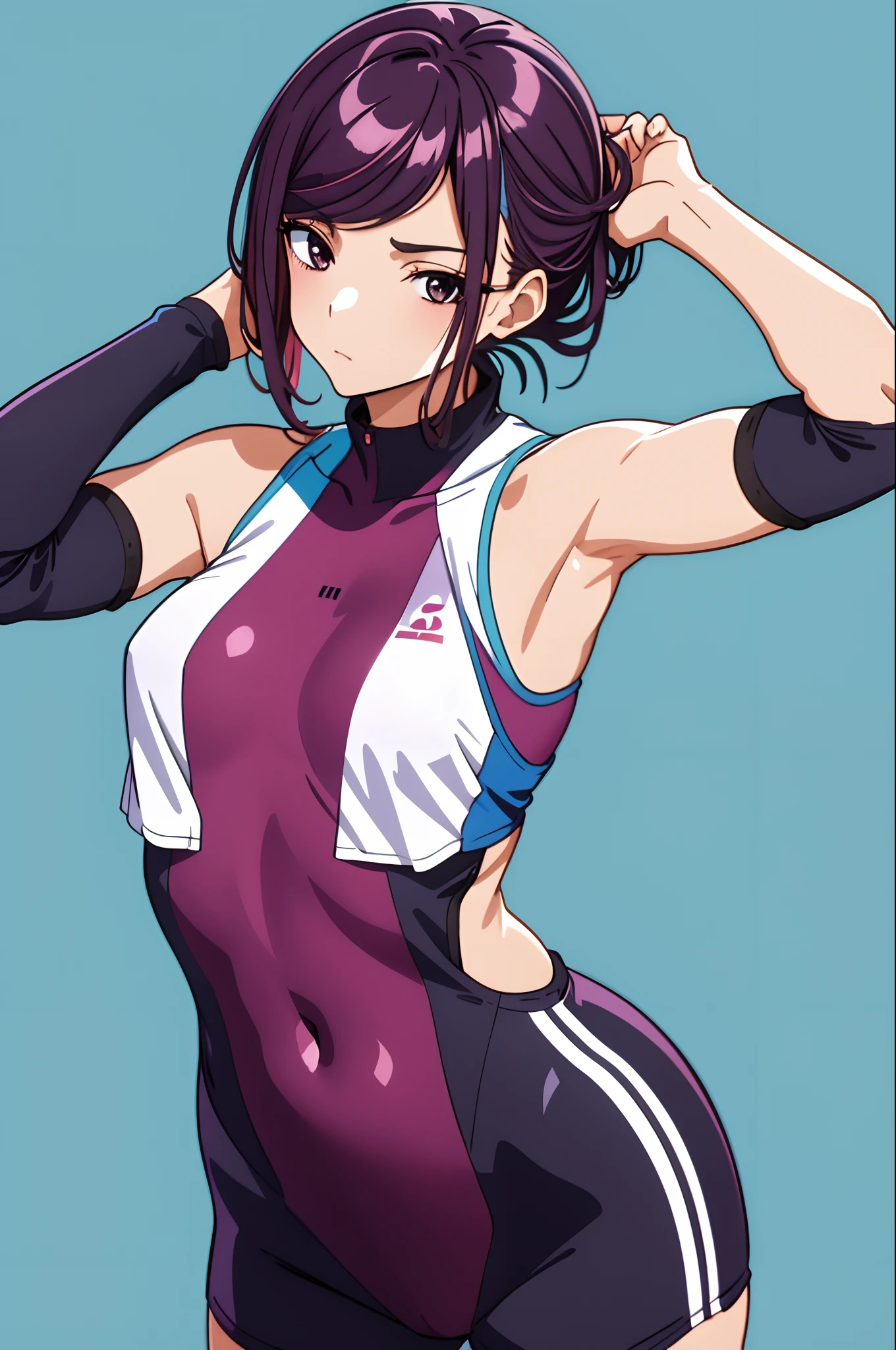 kanzaki rin, sport wear, (sleeveless), (detached sleeves), black-framed eyewear, Navel (presenting armpit), arms behind head, hands behind head, arms raised, hands in pockets, standing, (simple background)