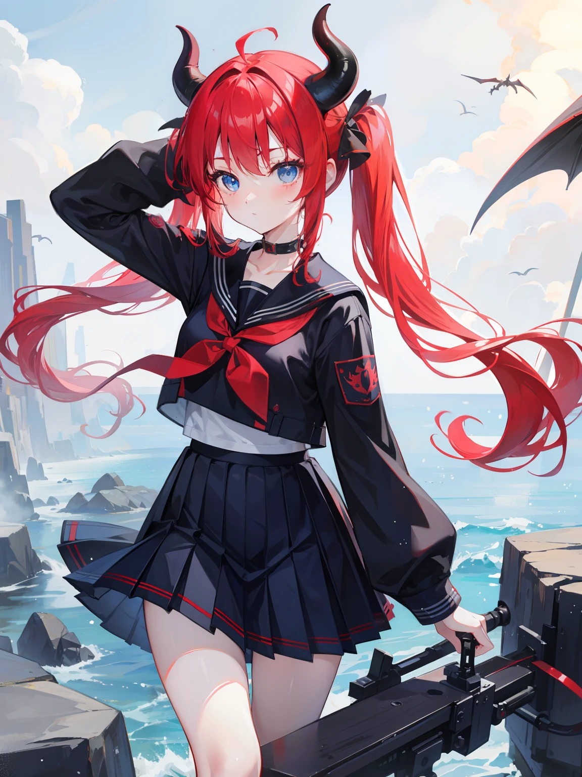 red hair, blue eyes, twintails, Sailor suit,black coat, Pleated skirt,solo,loli,cute,bow,Dragon horns
