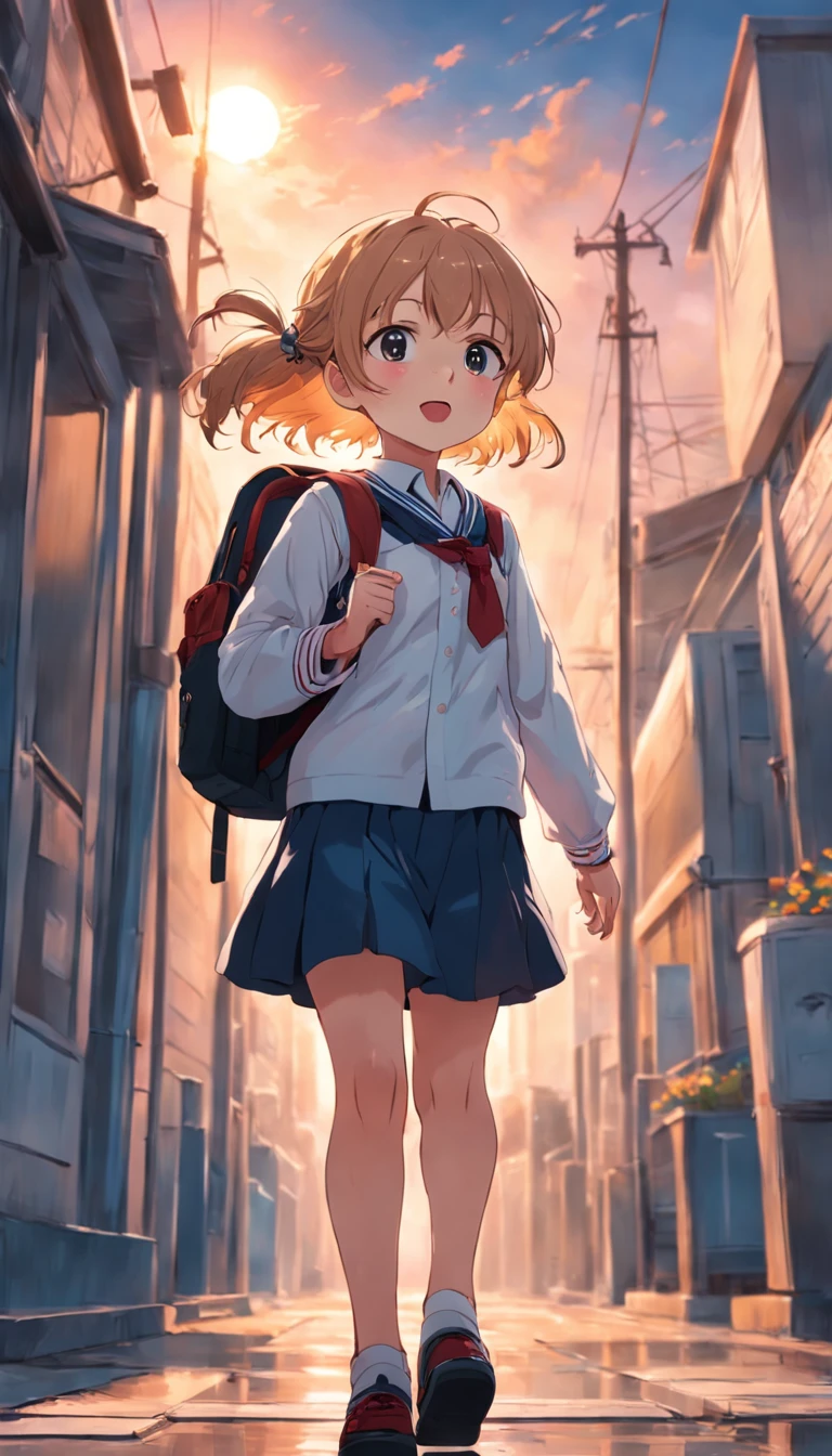 A cheerful girl,Carrying a school bag,Hold the strap of your bag with both hands,in school uniform,Greeting the rising sun,Walk towards the school