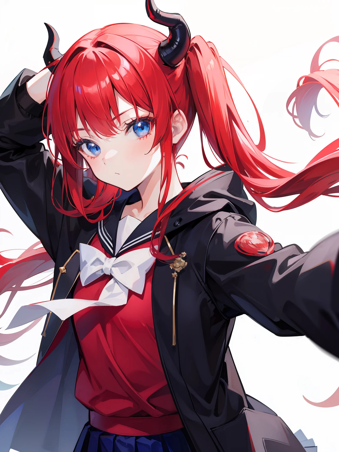 red hair, blue eyes, twintails, Sailor suit,black coat, Pleated skirt,solo,loli,cute,bow,Dragon horns