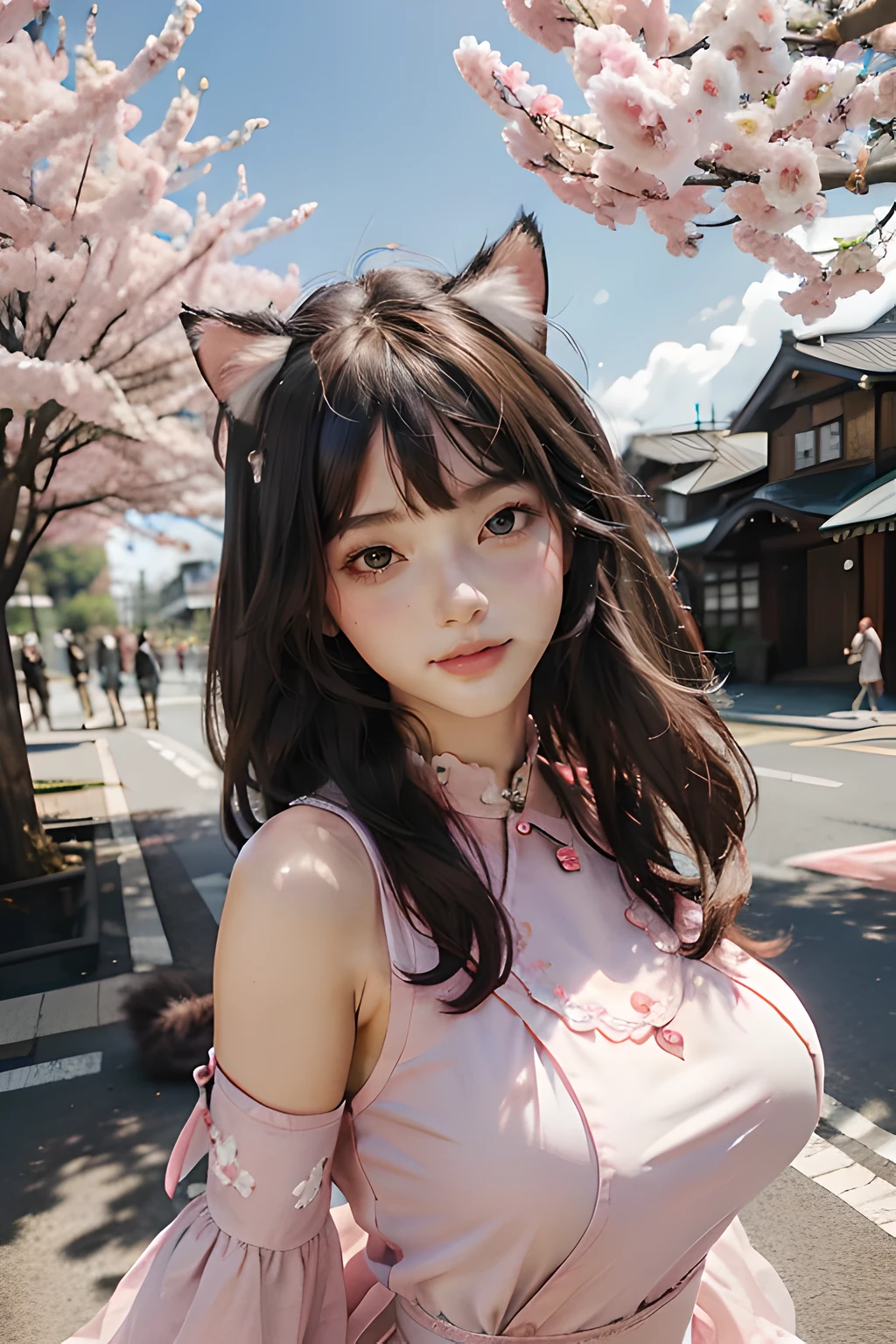 A girl is outside,under a sakura tree,In the daytime,Best quality 8K,laughingly,Delicate face,Pretty big breasts,full bodyesbian,cat ear,whaite hair