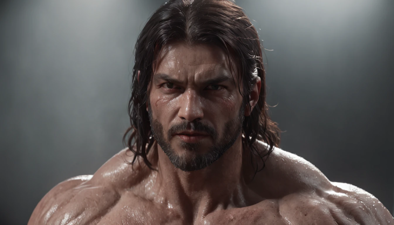 (professional 3d render:1.3) af (Realistic:1.3) most beautiful artwork photo in the world，Features soft and shiny male heroes, ((Epic hero fantasy muscle man rough wet hero angry look long hair short beard and ferocious expression in dynamic pose, Fantastic location, Majestic cluttered environment)), full body 8k unity render, action  shot, skin pore, very dark lighting, heavyshading, Detailed, Detailed face, (vibrant, photograph realistic, Realistic, Dramatic, Dark, Sharp focus, 8K), (Old leather garments damaged by weathering:1.4), ((((Wear fur)))), (Intricate:1.4), decadent, (Highly detailed:1.4), Digital painting, rendering by octane, art  stations, concept-art, smooth, Sharp focus, illustration, Art germ, (loish:0.23), wlop ilya kuvshinov, and greg rutkowski and alphonse mucha gracias, (Global illumination, Studio light, volumettic light), heavy rain, particles floating, lotr, fantasy, elf, full bodyesbian, ((Dark and ancient city background:1.3)),CGSesociety,art  stations