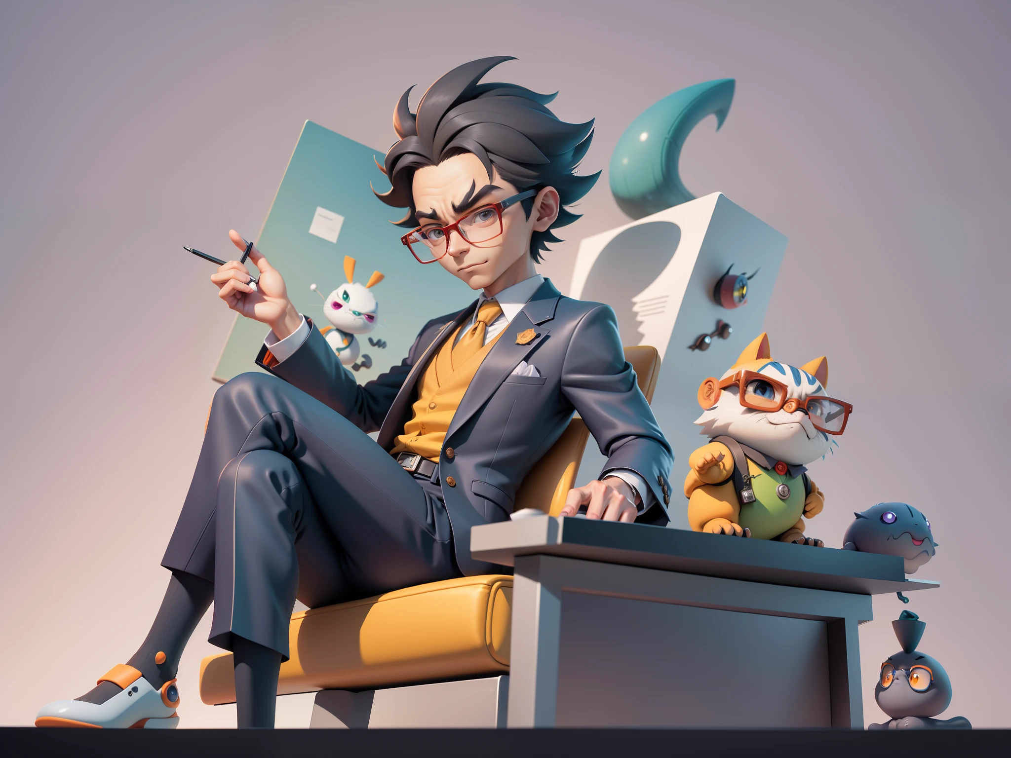 A young man in a suit, Short hair and glasses sat at his desk,holding laptop,digitial painting,tigre,3D character design by Mark Clairen and Pixar and Hayao Miyazaki and Akira Toriyama,4K HD illustration,Very detailed facial features and cartoon-style visuals。