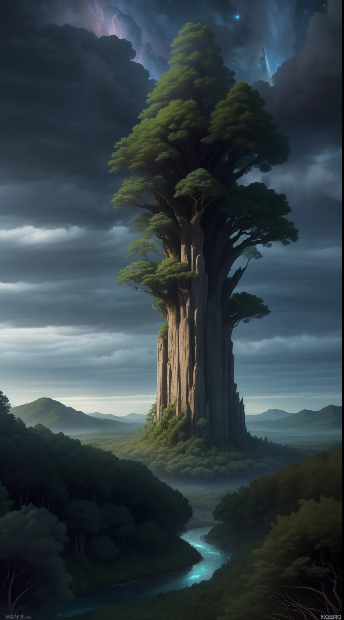 Illustration of a surreal, otherworldly, hyper sky scene including a giant crystal tree full body, highly detailed and magical lighting, intricate forest details, vegetation and surrounding river, solar punk, landscape, giant tree , beautiful green leaves, beautiful lighting and realistic proportions, as if this is a movie background, 8k, highest quality, masterpiece, clouds and stars in the sky.