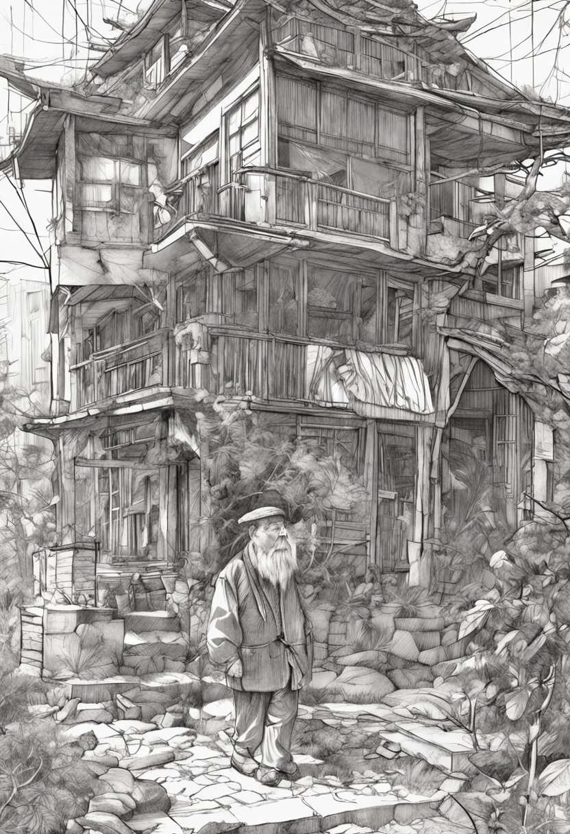 japanese  old man, pencil drawing, roughly sketched, loose lines, brushed lines, outline drawing, beautiful thin lines, intriguin correct anathomy, academic drawing, elaborate, perfect composition
