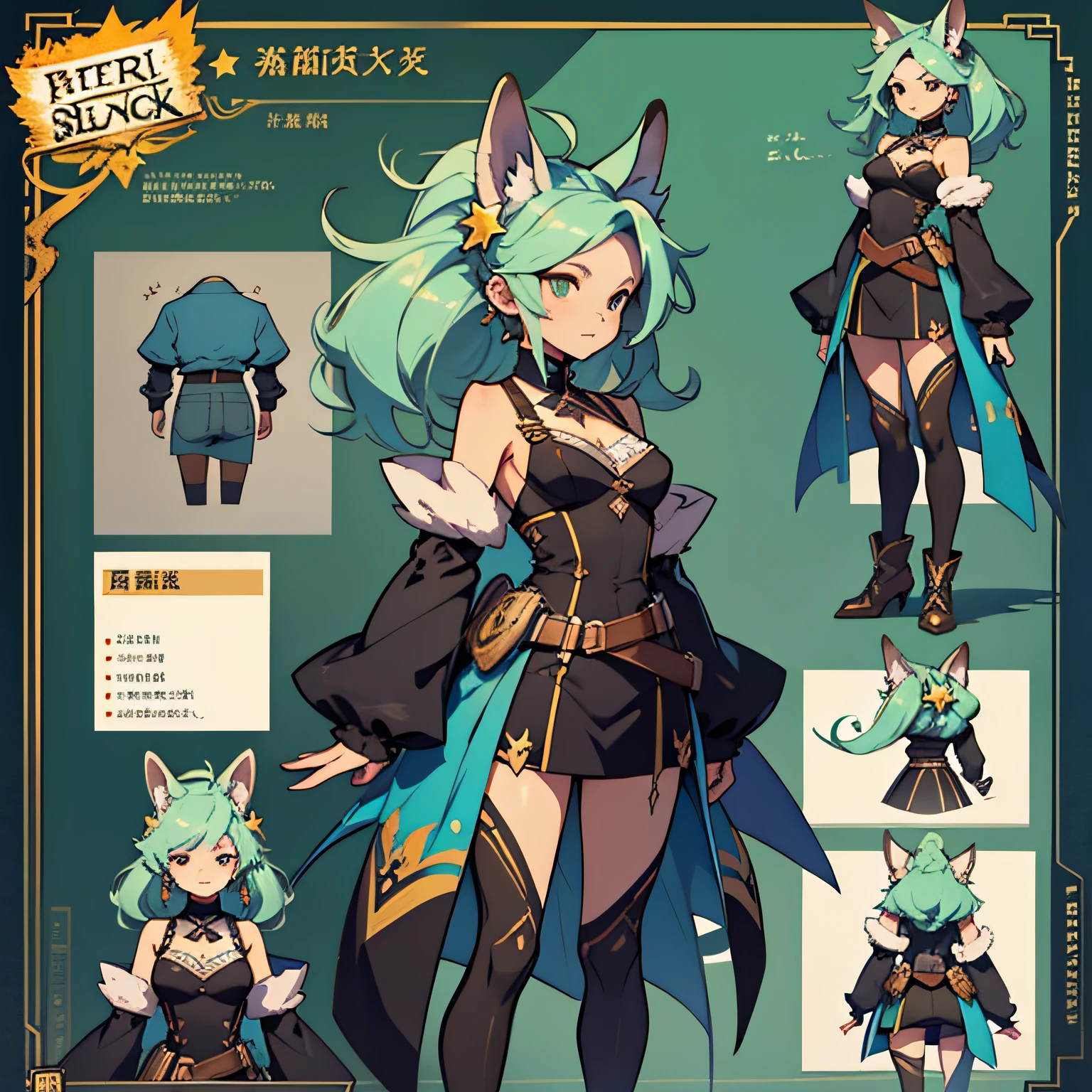 A close-up of a person in a singing costume,Kangaroo Lady,Beast Girl,Blue-orange color scheme,Cyan dominant color((concept art of character)),((CharacterDesignSheet、Same role、frontage、Lateral face、on back))Character art for Maple Story,video game characters designs,video game characters designs,expert high detail concept art,metal slug concept art,interesting character design,Kizi,Inspiration,adolable。concept-art,There are six stars on the ears,The clothes have a six-pointed star design,Flared sleeves,pleatedskirt