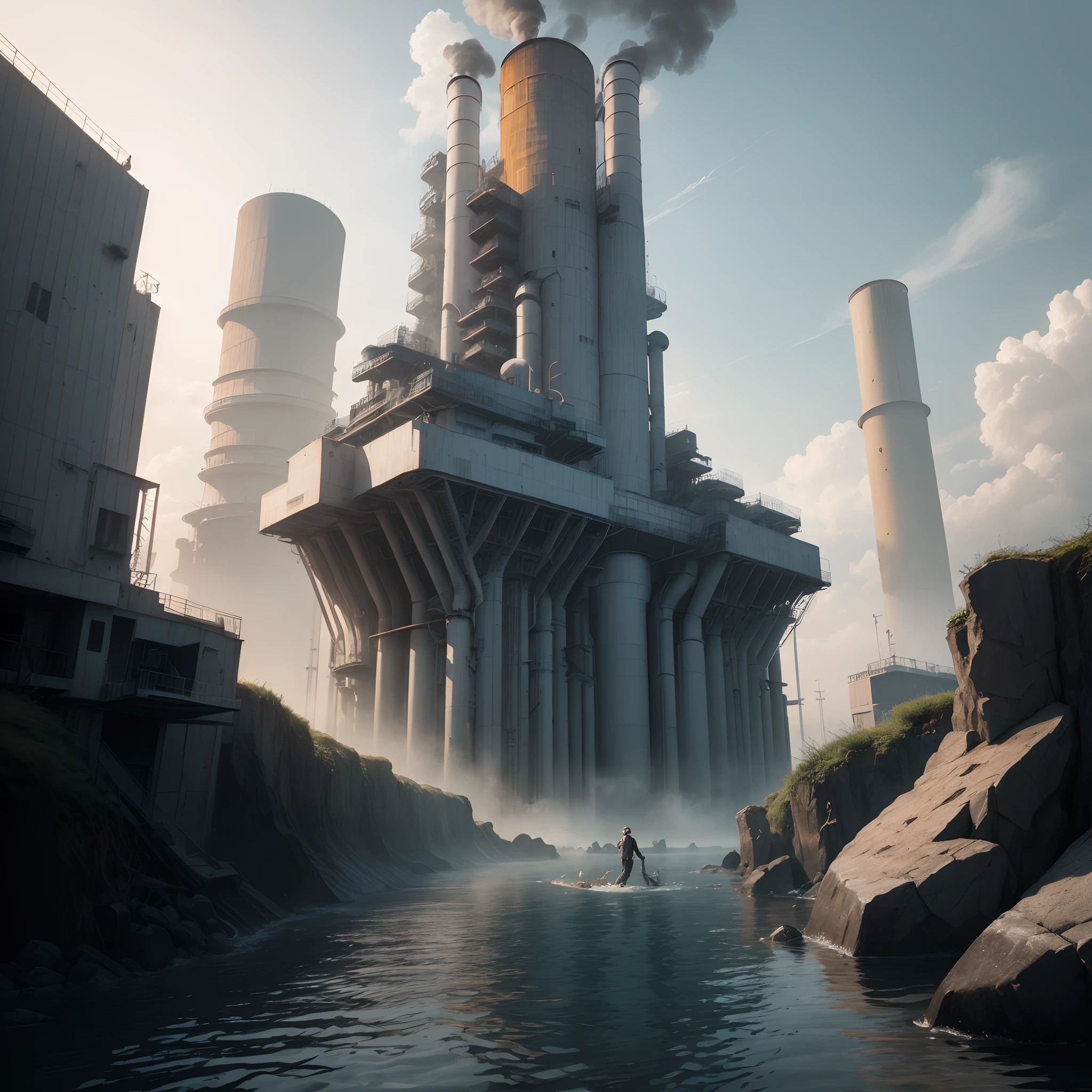 tmasterpiece,HighestQuali,Super A resolution,Best contrast,best detail,Anime style,2.2D,Eschatological,Repressive atmosphere,Islands in the distance,Huge complex,nuclear power plant, Black smoke rose from the chimney,Huge pipes were laid on the ground,A pipe protrudes from a huge building parallel to the ground,Stretch below the surface of the sea,Polluted seawater,Fish and shrimp died,Floating on the surface of the sea,The sea water is polluted