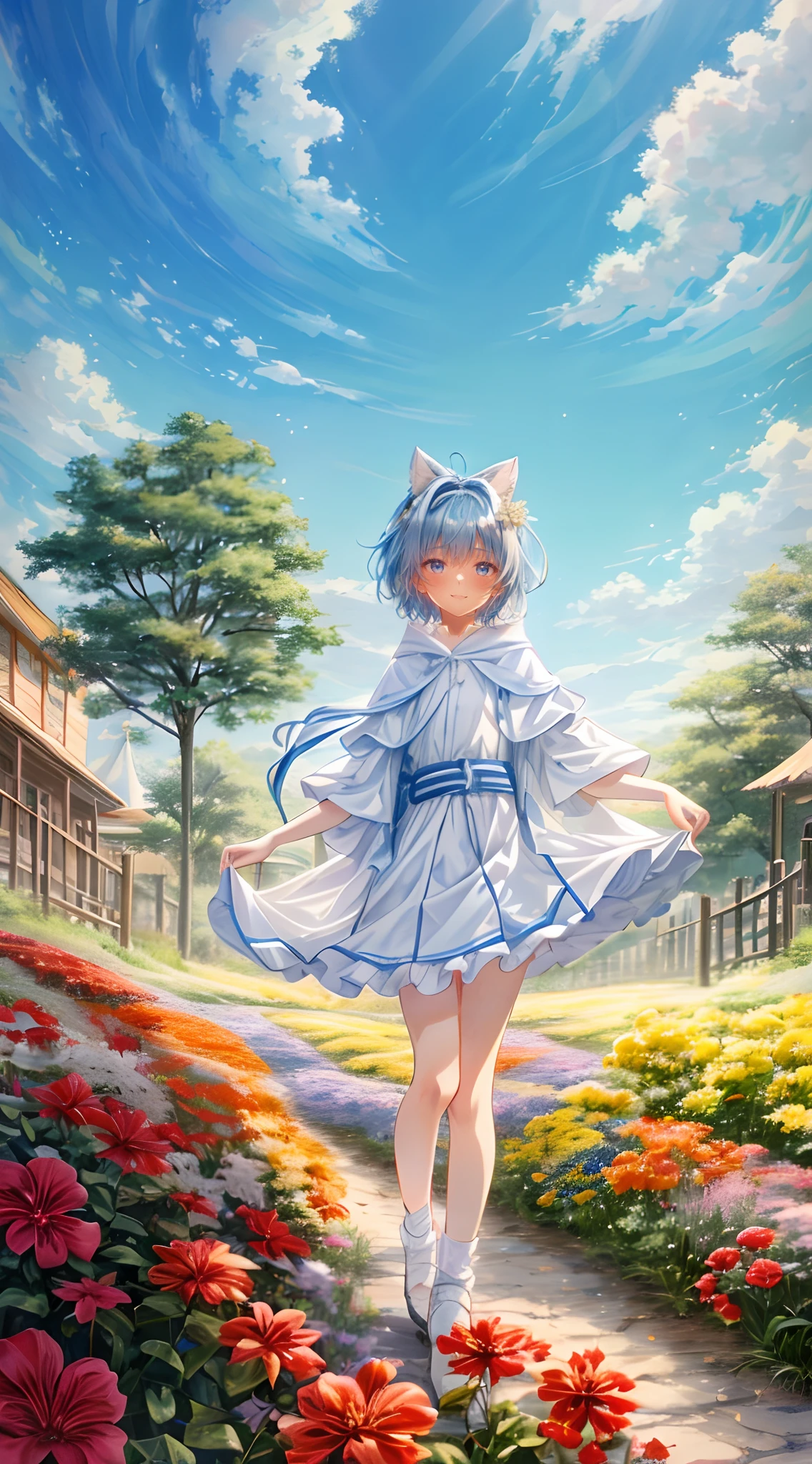 absurderes, hight resolution, (Official art, Beautiful and aesthetic:1.2), best qualtiy、(1womanl:1.8)、(独奏:1.7)、ultra-detailliert,Little Girl,hoods,Blue eyes,White skin,Straight hair,Short hair,kindly smile,Little Girl,Short hair,White skin,Light blue hair,