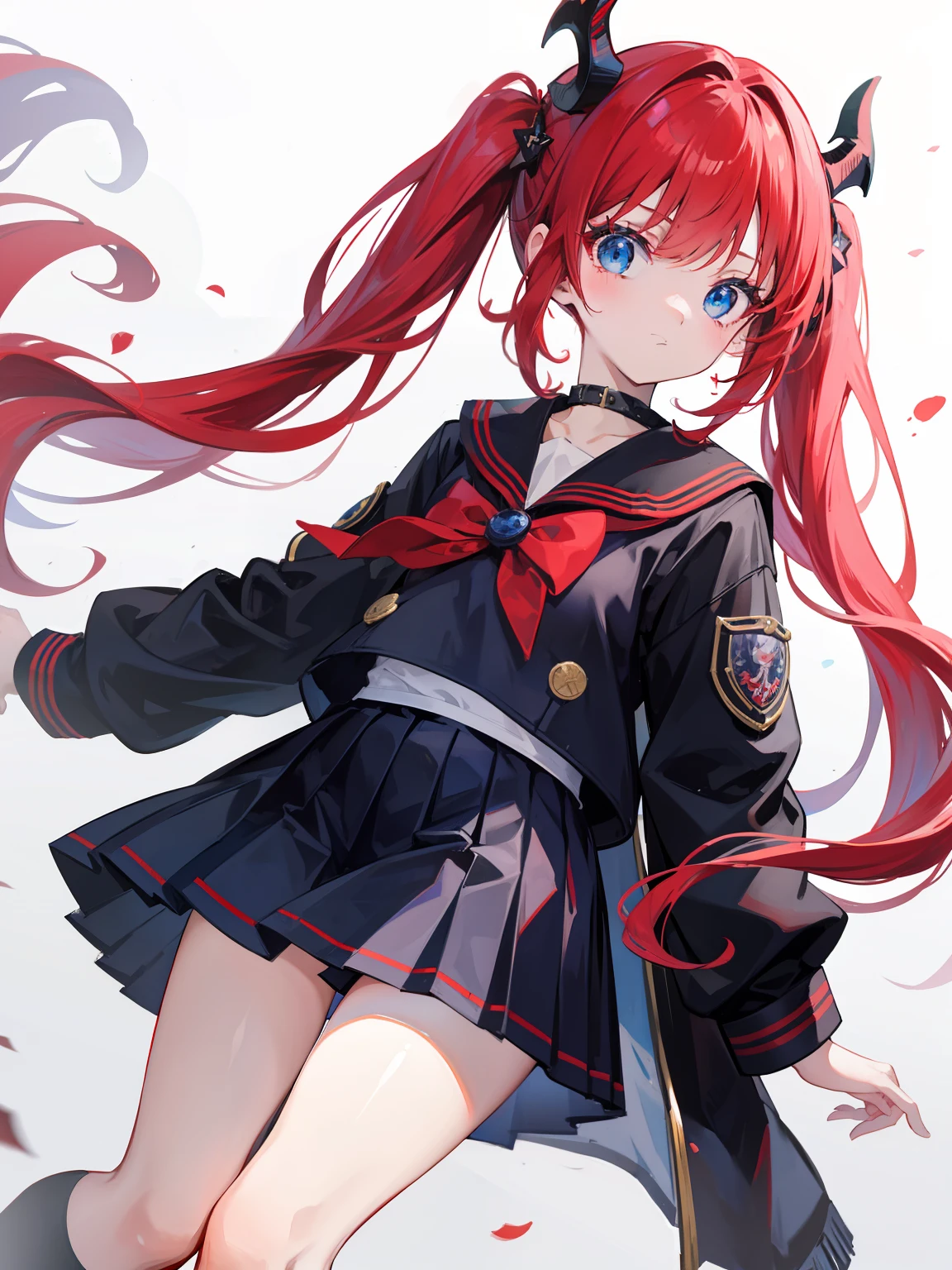 red hair, blue eyes, twintails, Sailor suit,black coat, Pleated skirt,solo,loli,cute,bow,Dragon horns