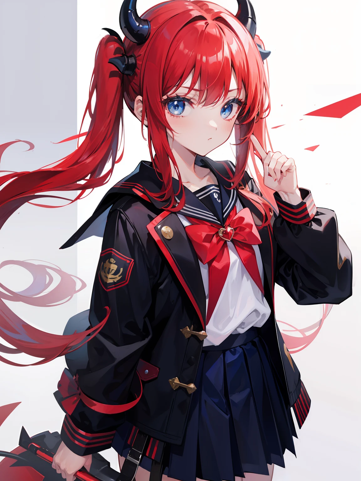 red hair, blue eyes, twintails, Sailor suit,black coat, Pleated skirt,solo,loli,cute,bow,Dragon horns