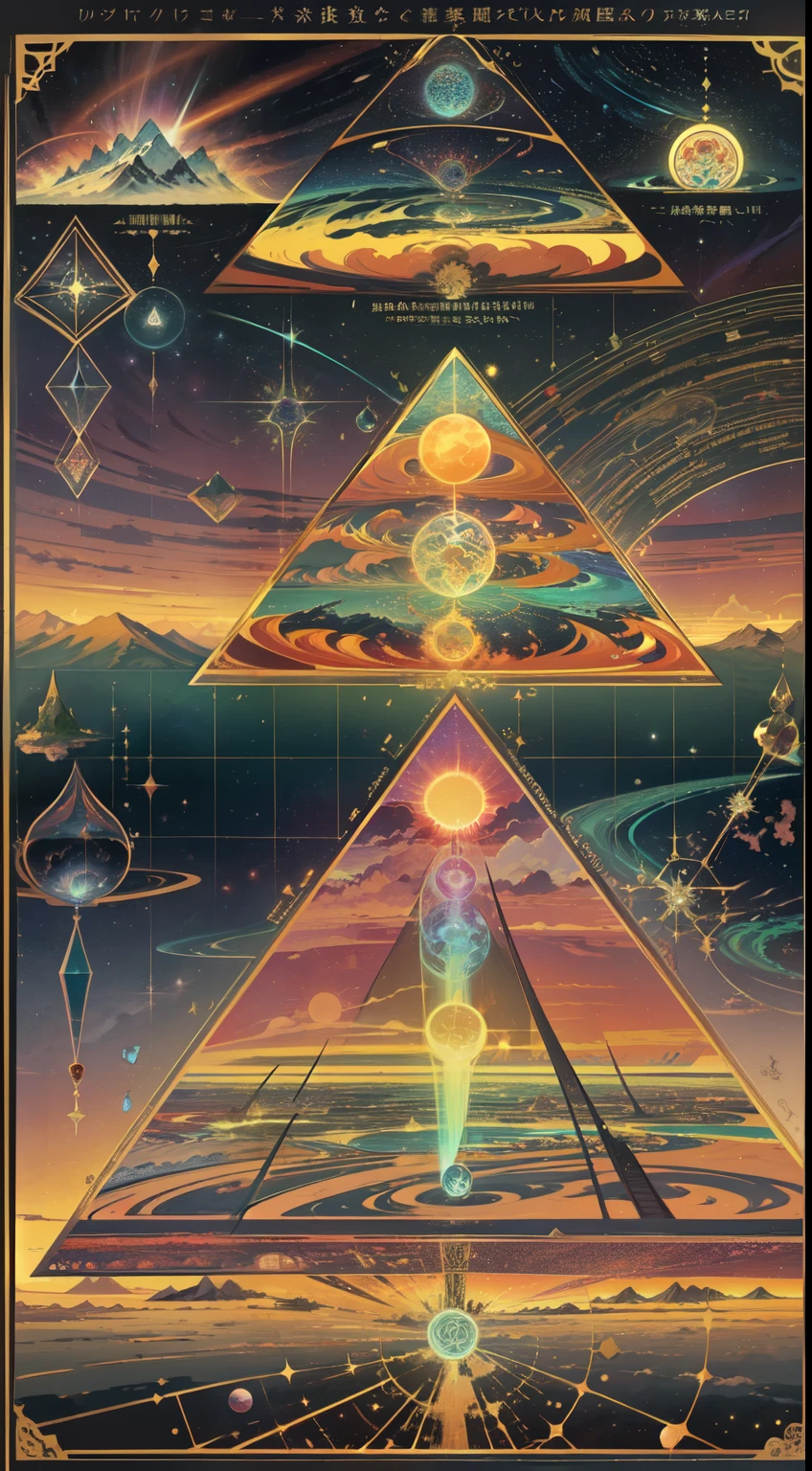 Best quality, Hyper-Resolution , Striking image of magical realism，A layered diagram of Mount Meru's multi-layered universe，Detailed charts，Comment each section separately，triangular composition，Border，The edge of mysticism，Mountain and planetary grades，Surrounded by stars，Star chart，Very much detail is rich，Complex display charts，Alchemy Universe，Astronomy Teaching Diagram，Great performance, Beautiful stuff, sacred geometry, energy, psychic energy,.Fractal mandalas, Nuclear fusion of the sun, Beautifully meticulous work, Magical surrealism, Professional anime, s fractal art, Artemisia, number art,.chroma, and harmonious, mistic, stark, The energy and science of the soul