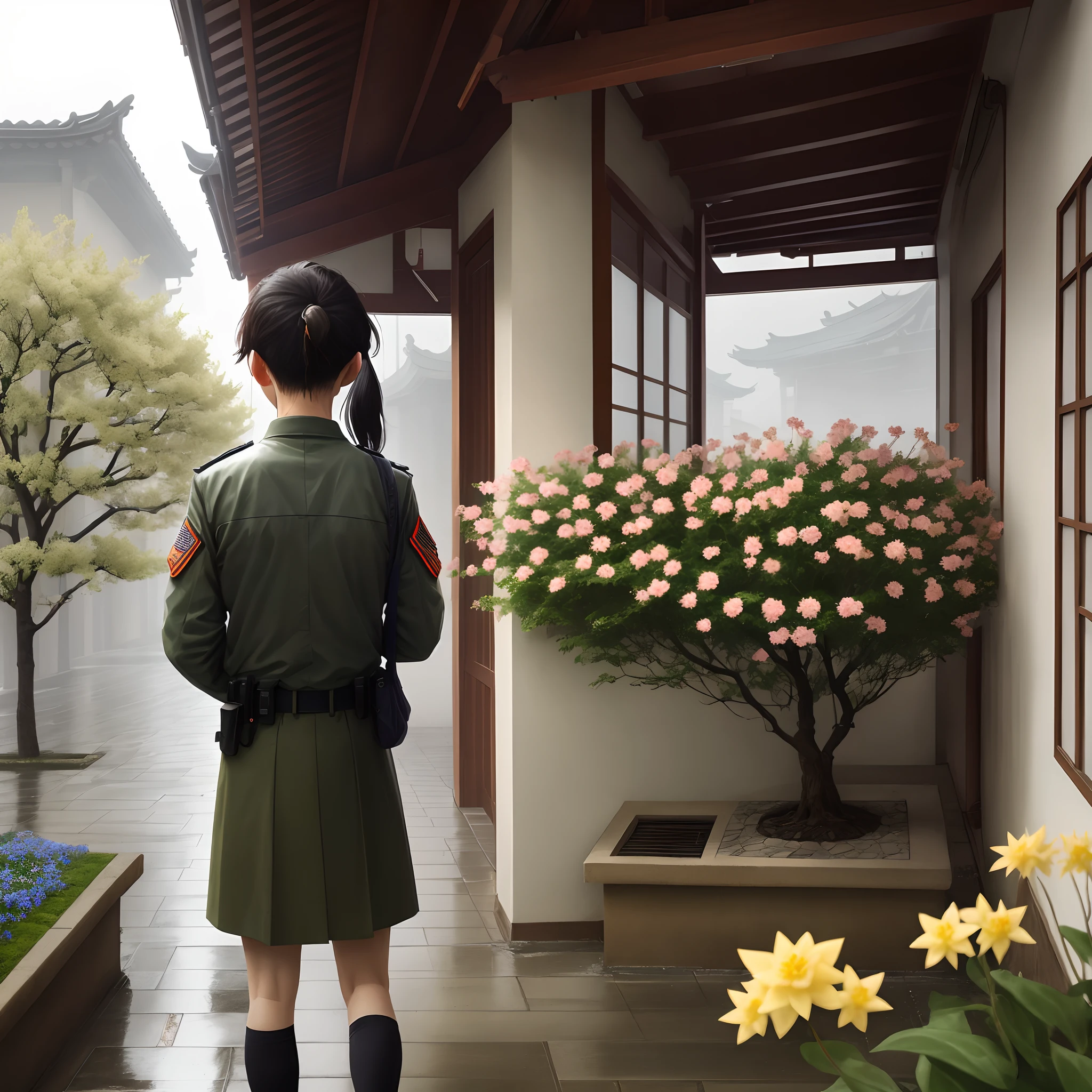 facing away,A ager with a low ponytail,low head,army suit,Holding an oil-paper umbrella,Standing in the courtyard of the courtyard,Flowering osmanthus tree,rained。
