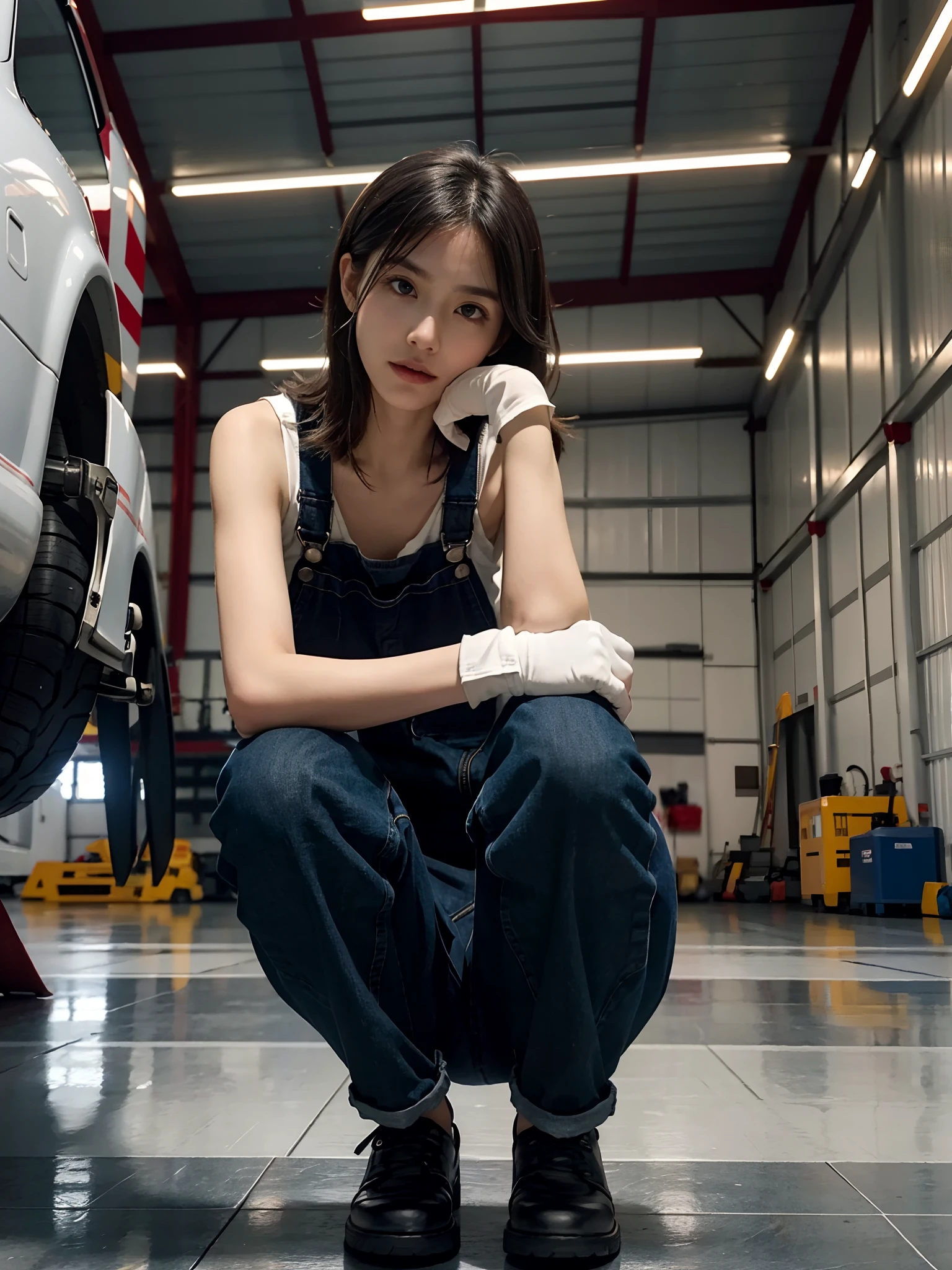 ((smallunderboob,Tomboyish,small heads)), (Well-defined abs: 1.1), (perfect bodies: 1.1), (short-length straighthair: 1.2), Black hair, upper body photos,，（极其细致的CG 8k壁纸），（Extremely refined and beautiful），（tmasterpiece），（best qualtiy：1.0），（超高分辨率：1.0），beautiful light up，Perfect lightning，realistic shaded，[A high resolution]，Smooth and flawless fair skin，ultra - detailed ，Elongated legs，flatchest，Slim，emaciated，Female repairman，In the hangar of the fighter，Spacious hangar，during night，Dim light，Huge Su-27 fighter，Under the wing of the fighter，Next to the landing gear of the fighter，Next to the tires，Squat，Wear dirty white gloves on both hands，With a large wrench in his hand，Repair work is underway，Dark blue cloth overalls top，Dark blue trousers，Flat black cloth shoes
