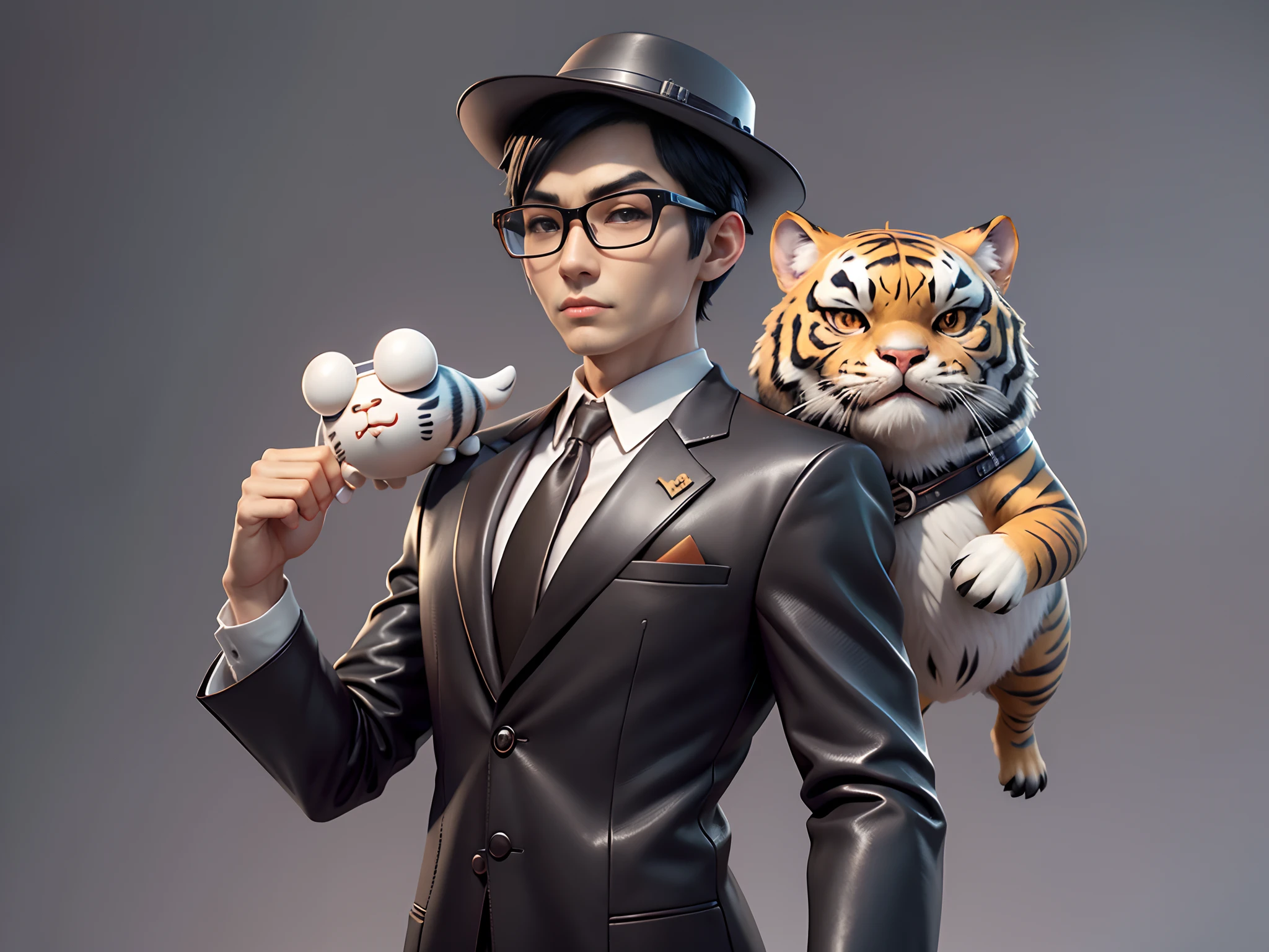 Young man with oriental face in leather hat, tiger, oriental face in formal suit, short black hair, silver glasses, digital painting, 3D character design by Mark Clairedon and Pixar and Hayao Miyazaki and Akira Toriyama, the illustration is a high-definition illustration in 4K resolution with very detailed facial features and cartoon-style visuals.