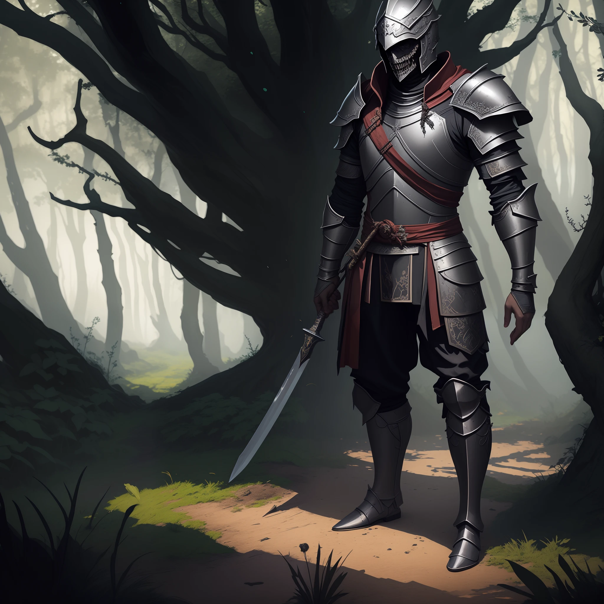 An undead warrior in a dark forest with a green sword and armor. Super realistic, super detailed, realistic concept art. Atmospheric. Dark, rain, background dark, foreground, background graphic, 4K, cinematic lighting