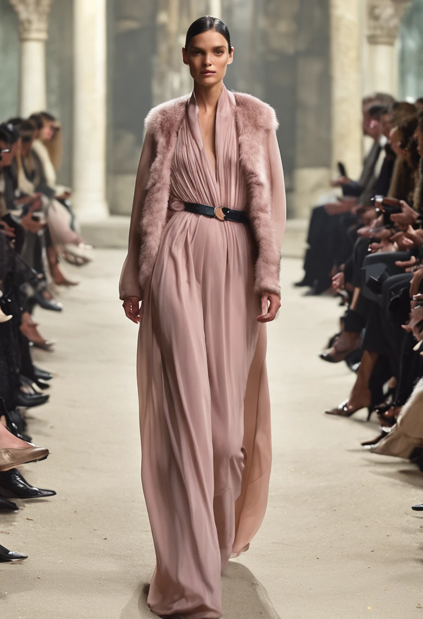 Autumn and winter catwalks，Vintage fur，Chiffon ruffled pink sequin maxi dress，flowing shimmering fabrics，Gray top with wide-leg trousers，Subtle beige tones，Inspired by Ralph Lauren