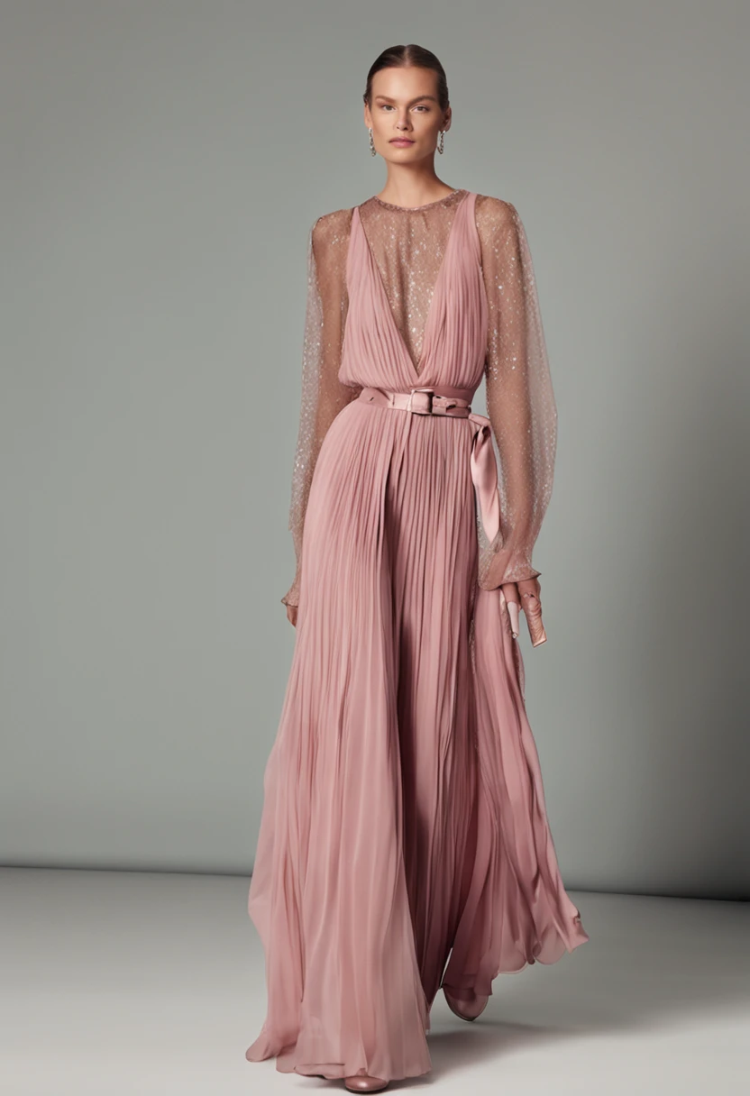 Autumn and winter catwalks,Vintage fur,Chiffon ruffled pink sequin maxi dress,flowing shimmering fabrics,Gray top with wide-leg trousers,Subtle beige tones,Inspired by Ralph Lauren
