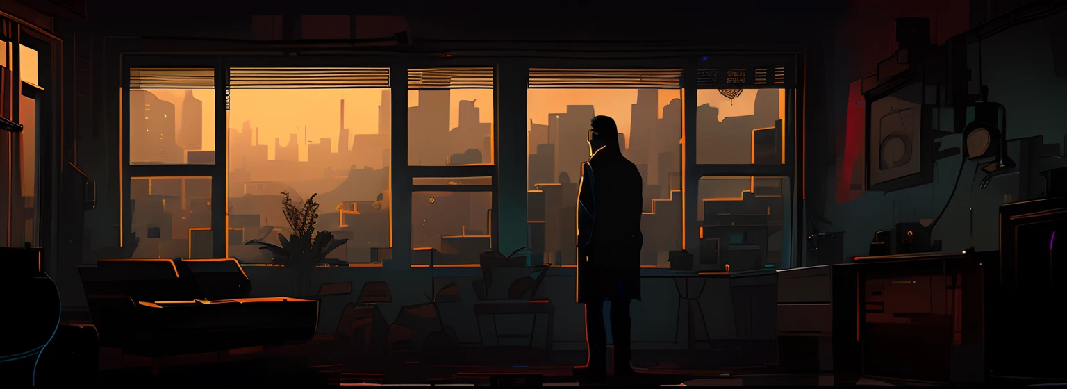 there is a man standing in front of a window looking out at the city, desolate. digital illustration, drawn in a neo - noir style, in style of atey ghailan, beaten tech. neo noir style, cinematic matte illustration, beaten city. neo noir style, hard light digital painting, inspired by Liam Wong, by Alena Aenami