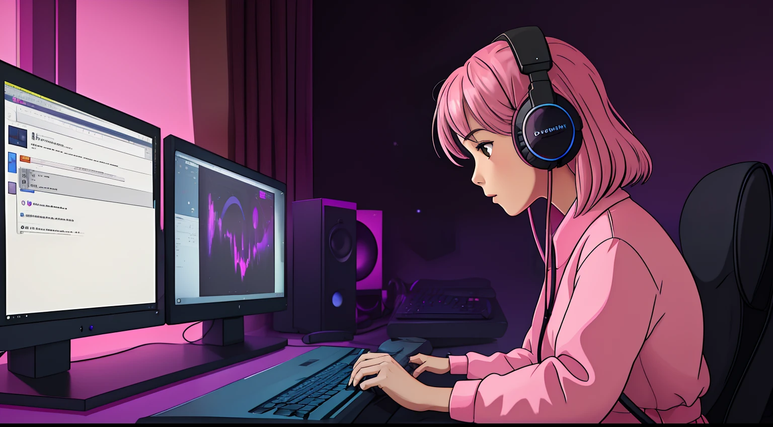 lofistudy, 1girl in, across, Typing, A pink-haired, brown-eyed, a chair, a computer, headphones, interiors, keyboard_\(a computer\), Note PC, monitors, Cat_\(a computer\), monitors, drapes, natta, window, Purple background