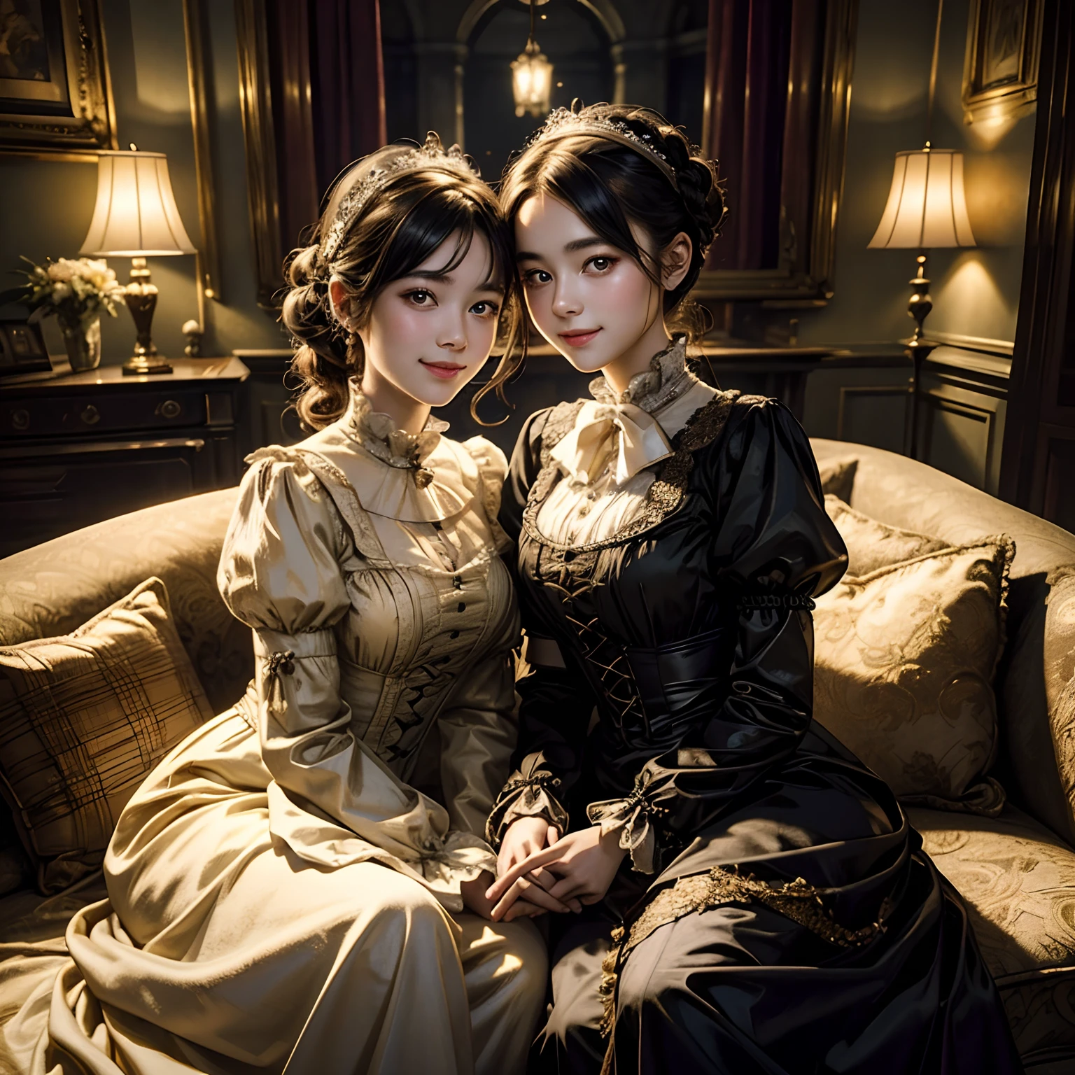 top-quality、​masterpiece、超A high resolution、(Photorealsitic:1.4)、ighly detailed、Professional lighting
smiling face、 victorian dress, sibblings, twin sister, look 18 years old