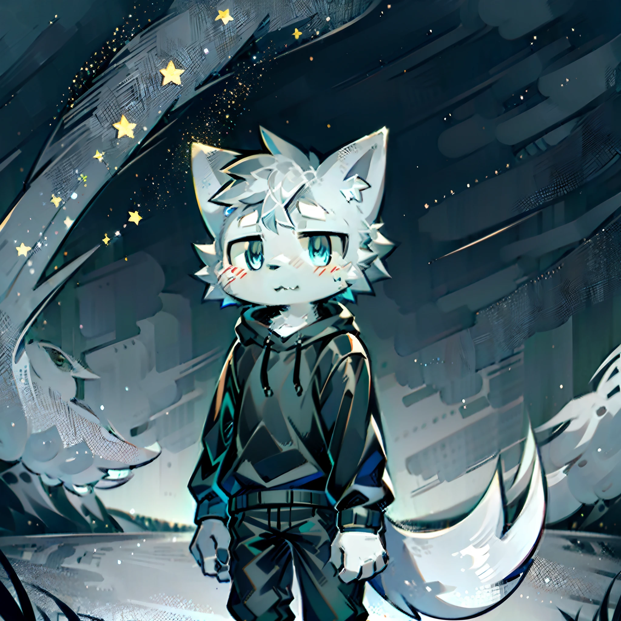 Gray cat  boy，There is a big furry tail behind him，Outdoors at night，looking at the stars，Black sweatshirt，blue colored eyes，Gray-black pants，Snowy plains，A serious look，Be red in the face