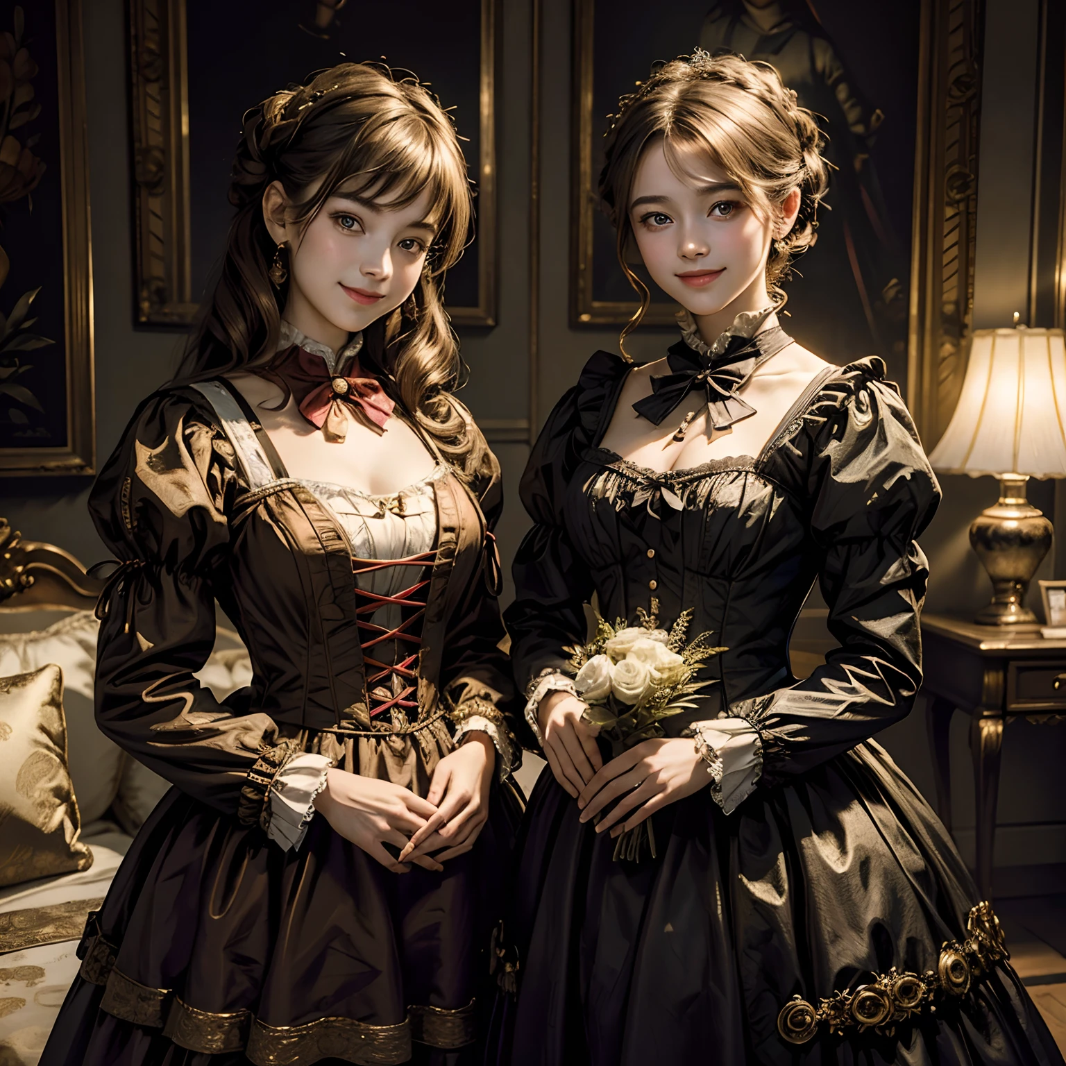 top-quality、masterpiece、超A high resolution、(Photorealsitic:1.4)、ighly detailed、Professional lighting
smiling face、 victorian dress, sibblings, twin sister, look 18 years old