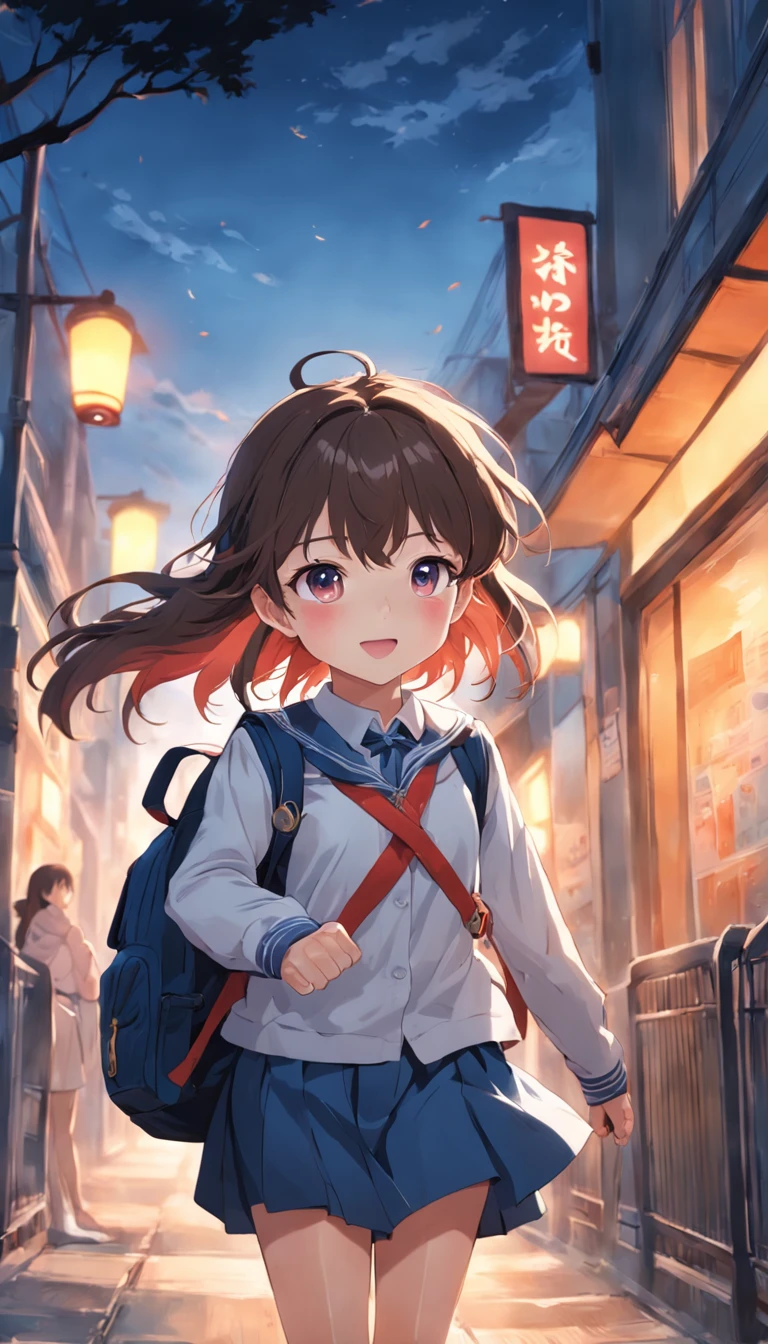 A cheerful  girl，Carrying a school bag，Hold the strap of your bag with both hands，in school uniform，Greeting the rising sun，Walk towards the school