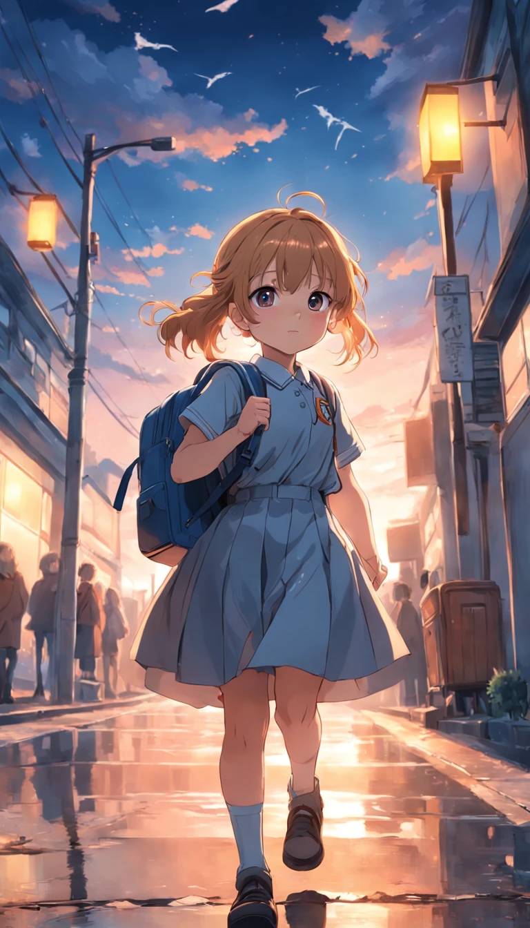 A cheerful  girl，Carrying a school bag，Hold the strap of your bag with both hands，in school uniform，Greeting the rising sun，Walk towards the school