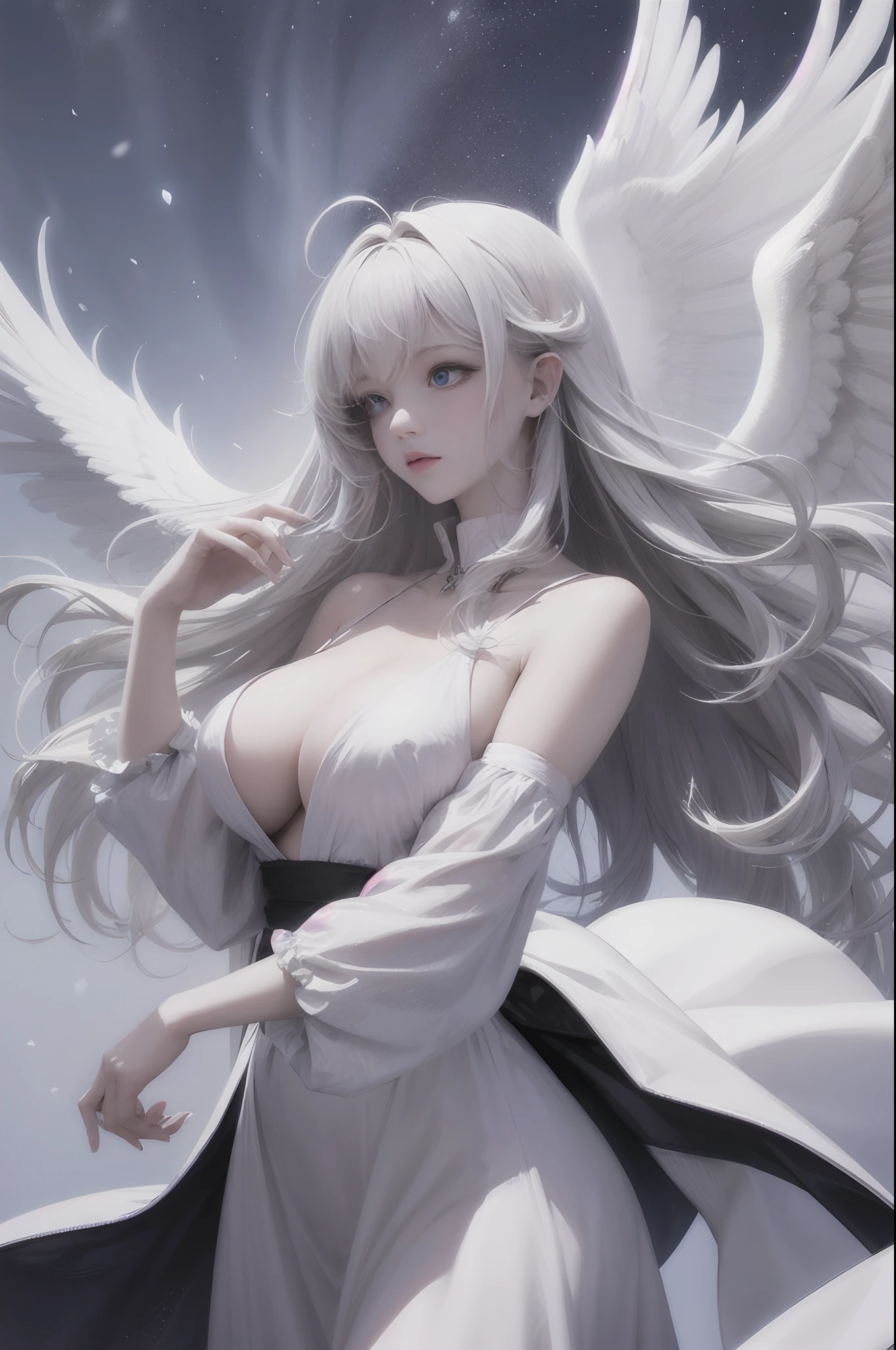 girl,ahoge,large breast,breast slip,,Sleepy,Hair over shoulder,Pale skin,Angel wings,Wings,white wings,Multiple wings,Large wings,Long hair,white_hair,blue eyes,Wariza,stars,aurora,snowy,falling_snow