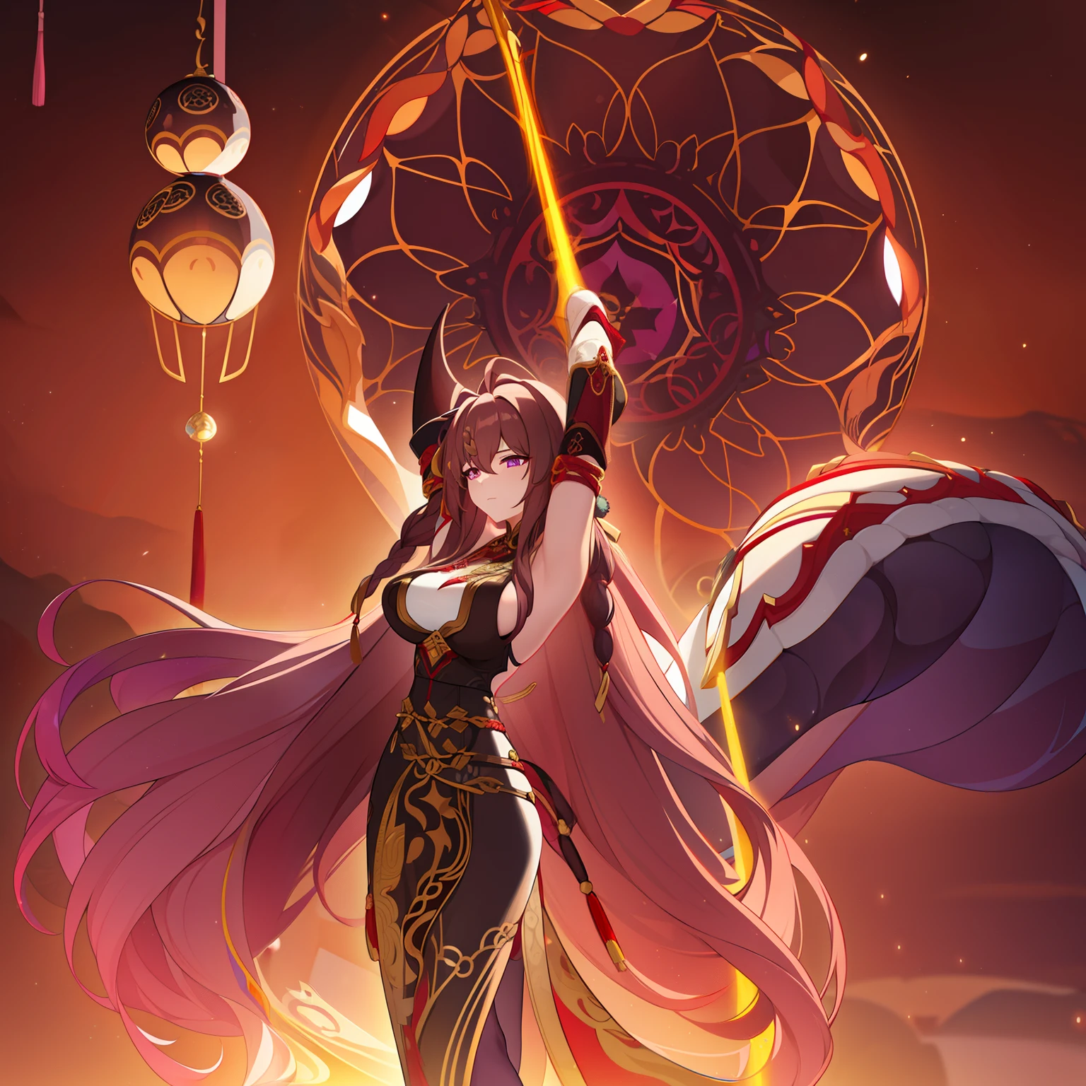 Woman, messy light brown long hair with a purple tint, dragon horns and tail, white and black Chinese dress with tight-fitting elements on her arms and legs, gold divine light, God's gaze, a sun circle, indifferent and cold gaze, light lipstick, light eyes