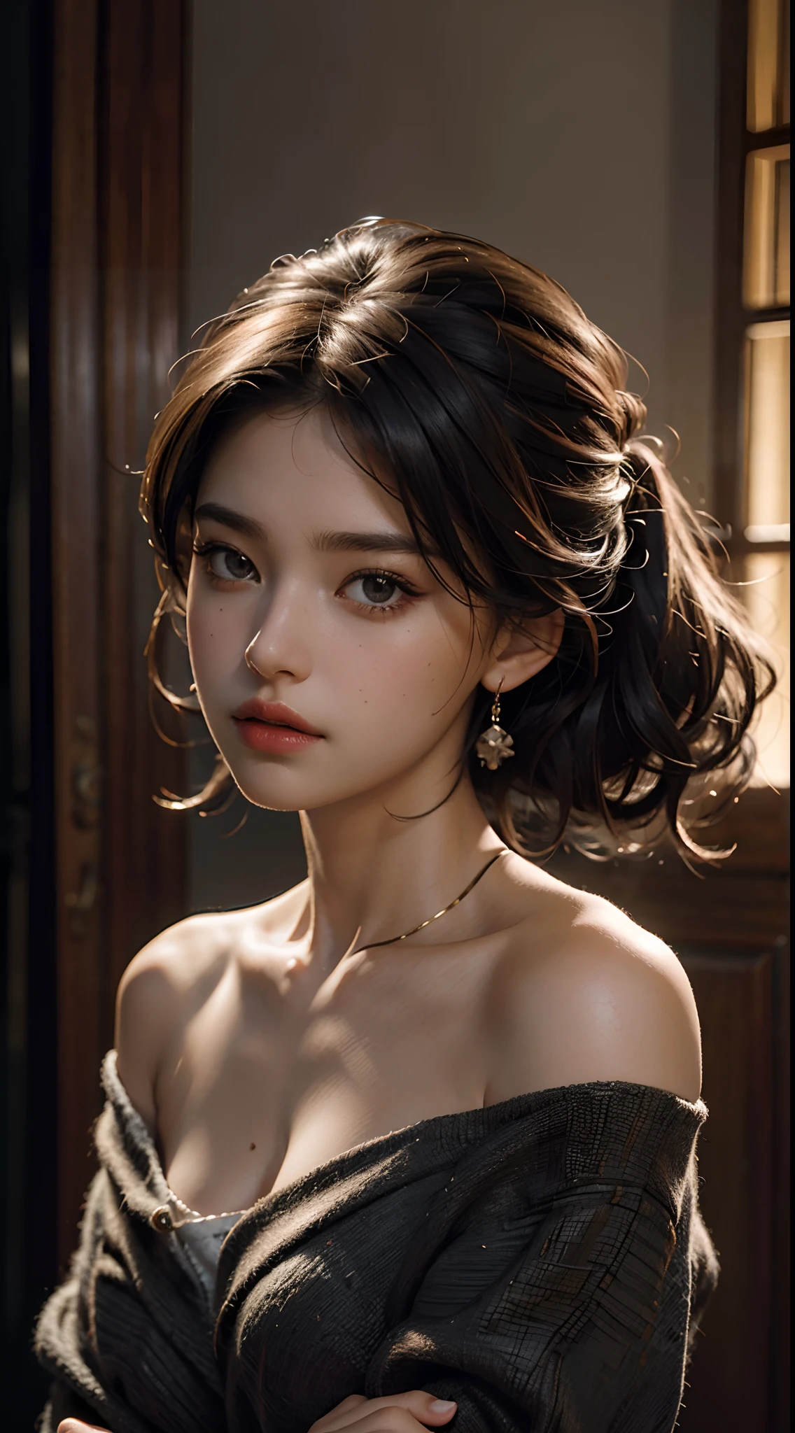 Best quality, masterpiece, ultra high res, (photorealistic:1.4), raw photo, 1girl, off shoulder, cinematic lighting